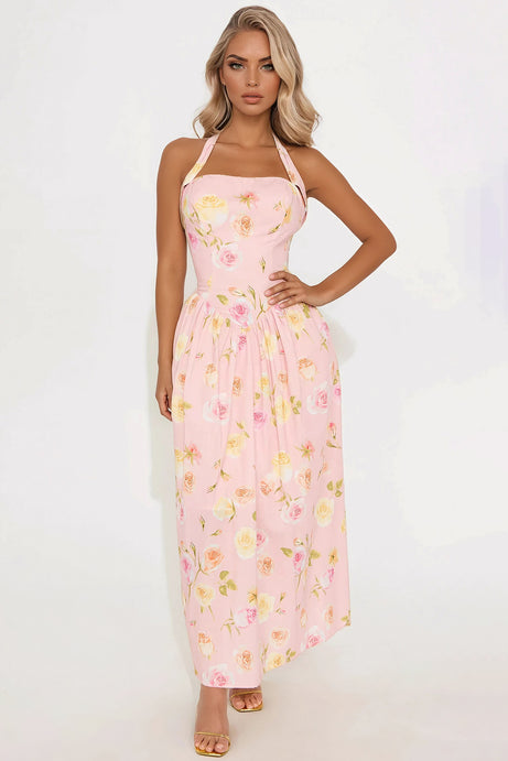 Adelia Floral Halter Midi Dress - Pink/combo