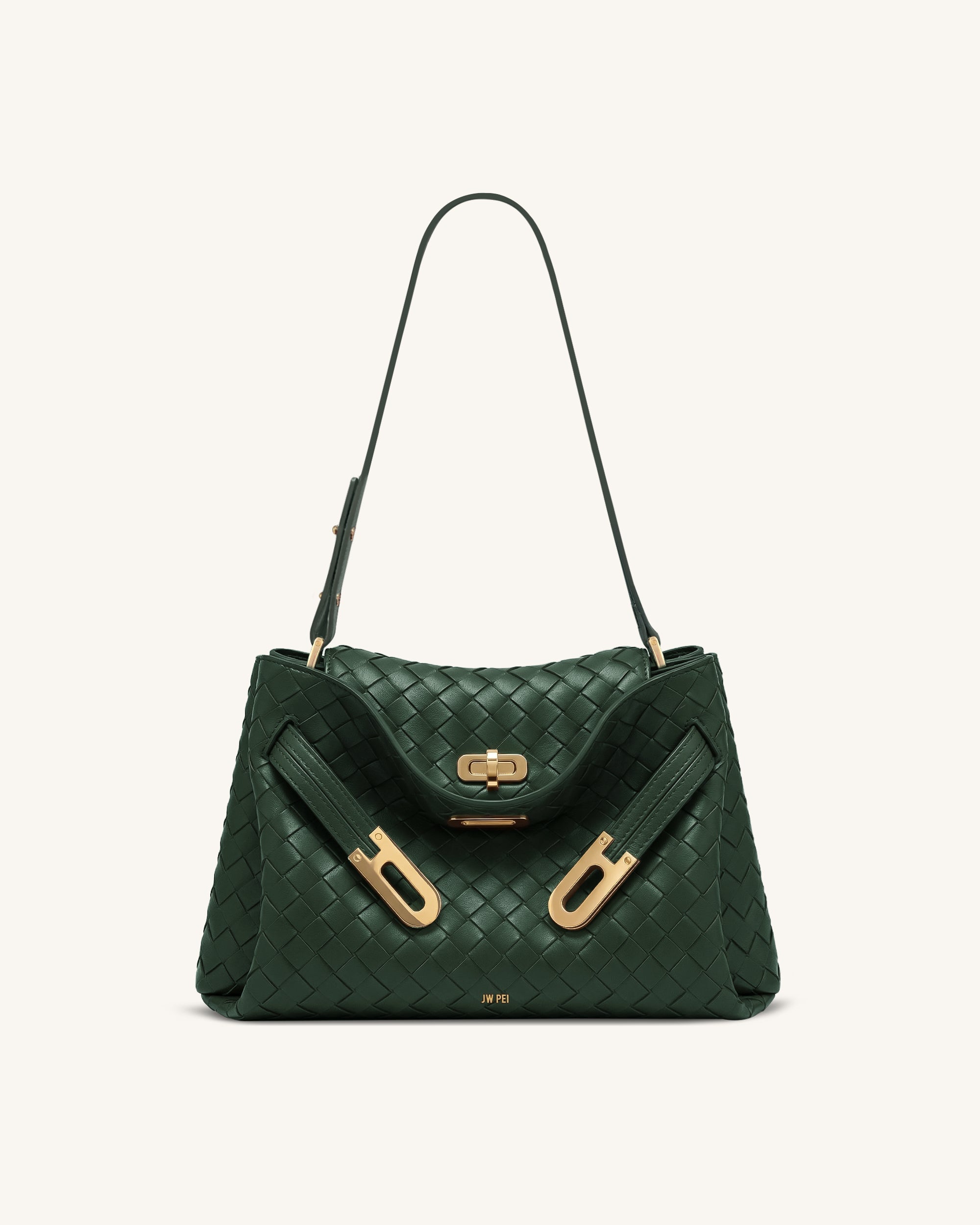 Rhea Woven Texture Double Buckle Shoulder Bag - Navy Blue