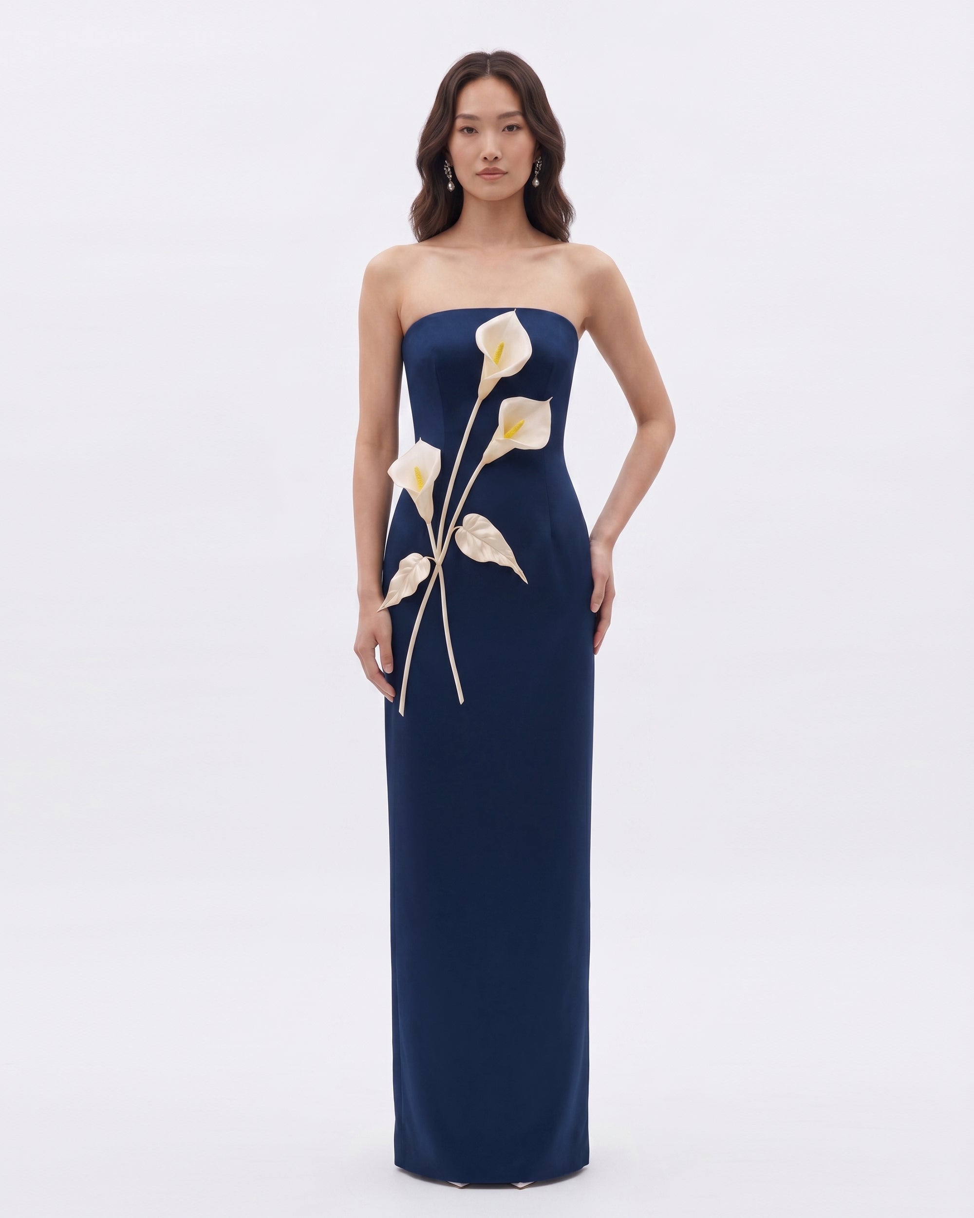 Floral Appliqué Strapless Dress - Cream Ivory