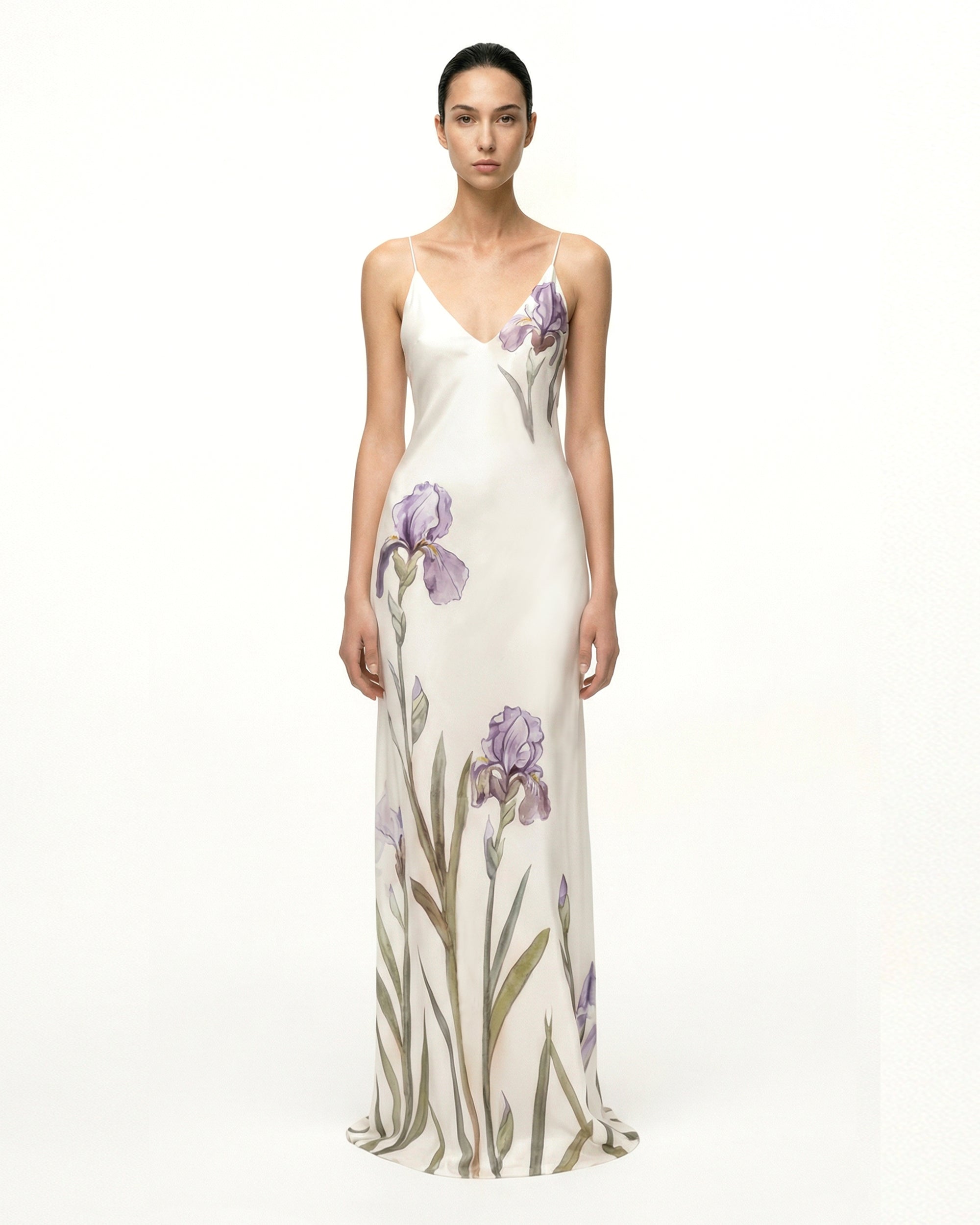 Iris Motif Satin Slip Gown - Olive Green