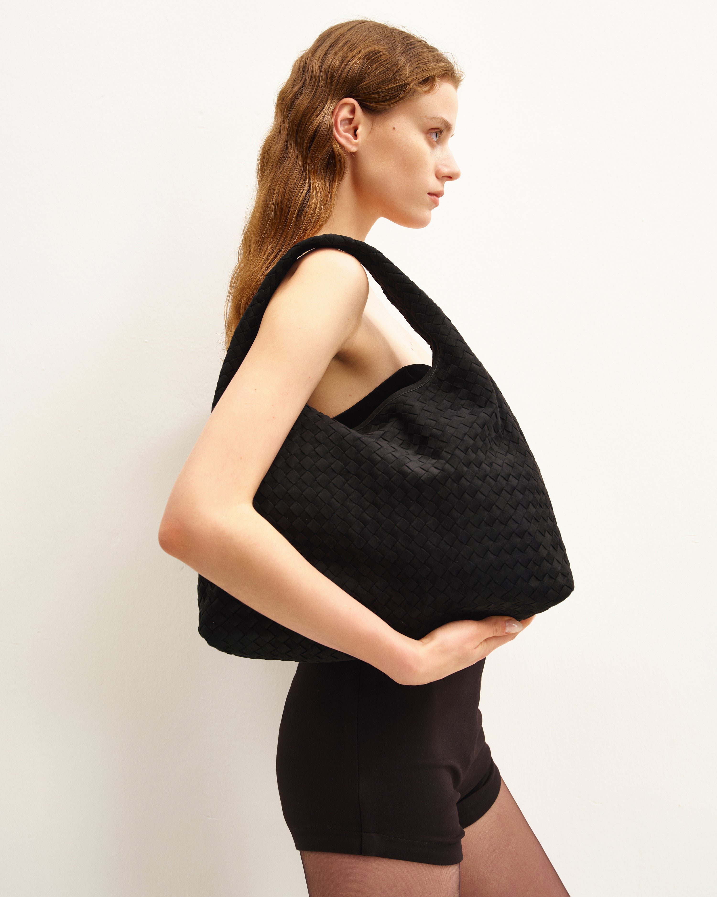 Laura Faux Suede Woven Shoulder Bag - Dark Brown