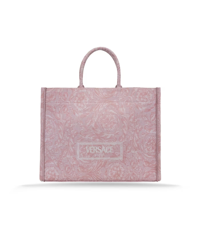 Patterned Fabric Handbag with Leather Trim