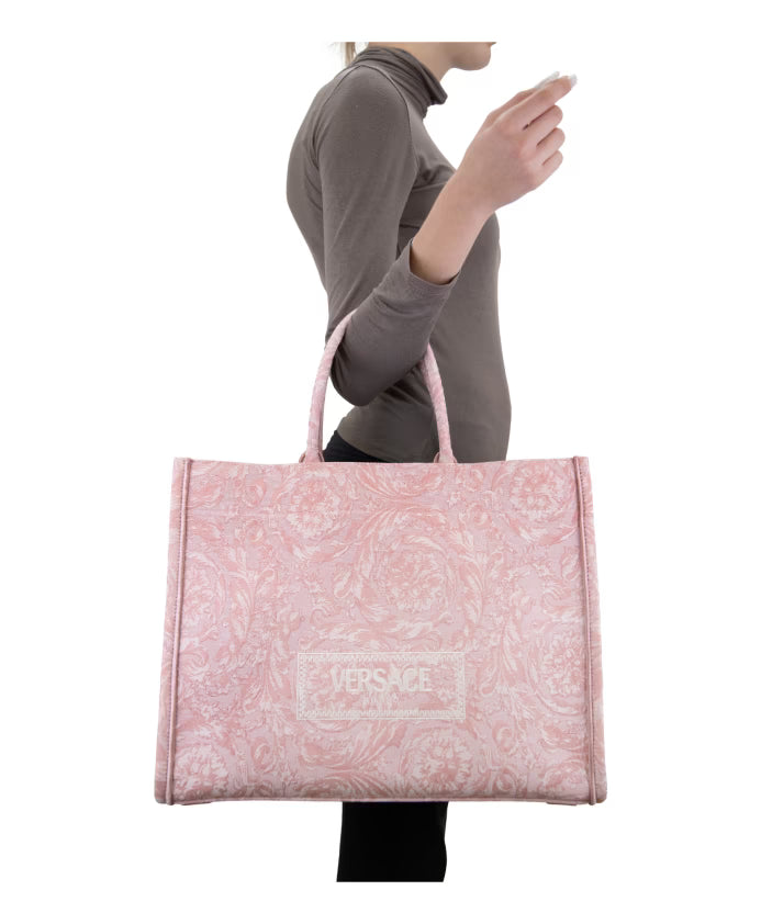 Patterned Fabric Handbag with Leather Trim