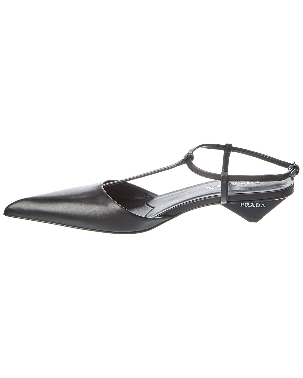 Prada Black Leather Pointed-Toe T-Strap Kitten Heels