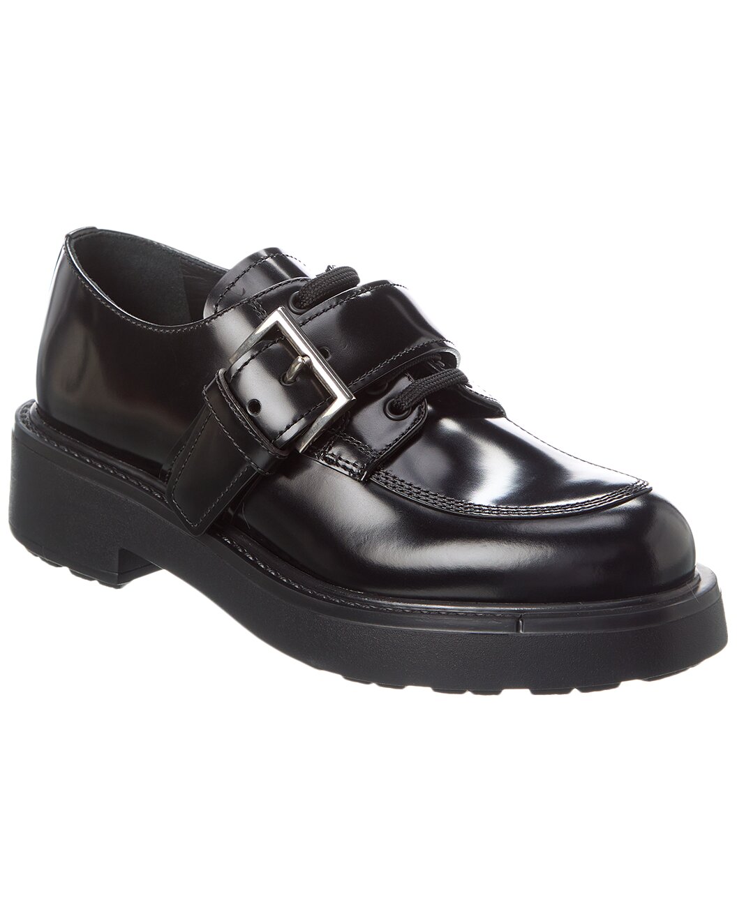 Prada Black Brushed Leather Lace-Up Derby Shoes with Buckle Detail