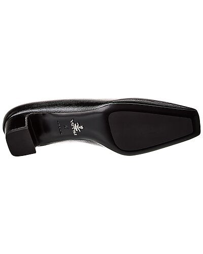 Prada Black Saffiano Leather Logo Plaque Block Heel Pumps