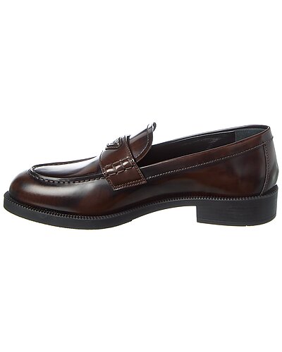 Prada Brushed Leather Brown Logo Penny Loafers