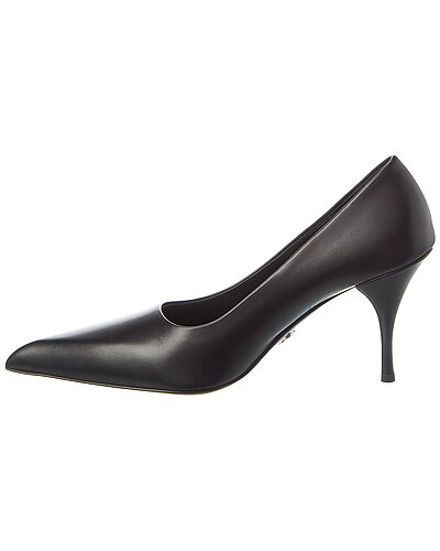 Prada Black Leather Pointed-Toe Kitten Heel Pumps