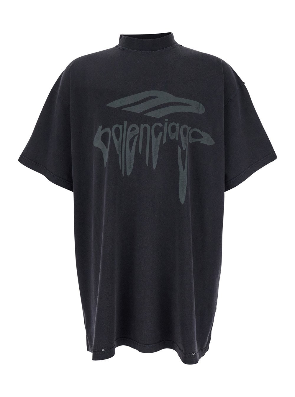 Balenciaga '3B Liquefied' Grey T-Shirt with Logo on the Front and Distressed Effect in Cotton Man