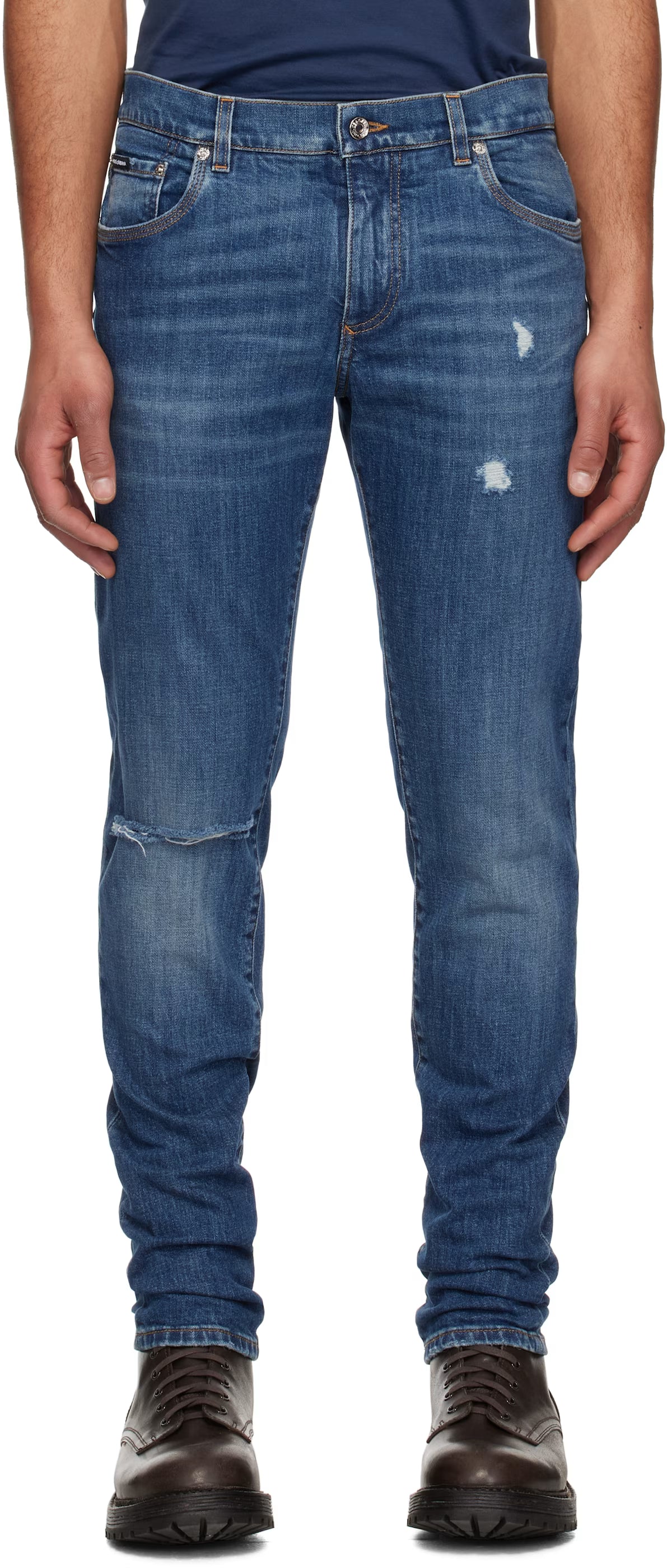 Dolce&Gabbana Navy Slim-Fit Stretch Cotton Logo Embroidery Jeans