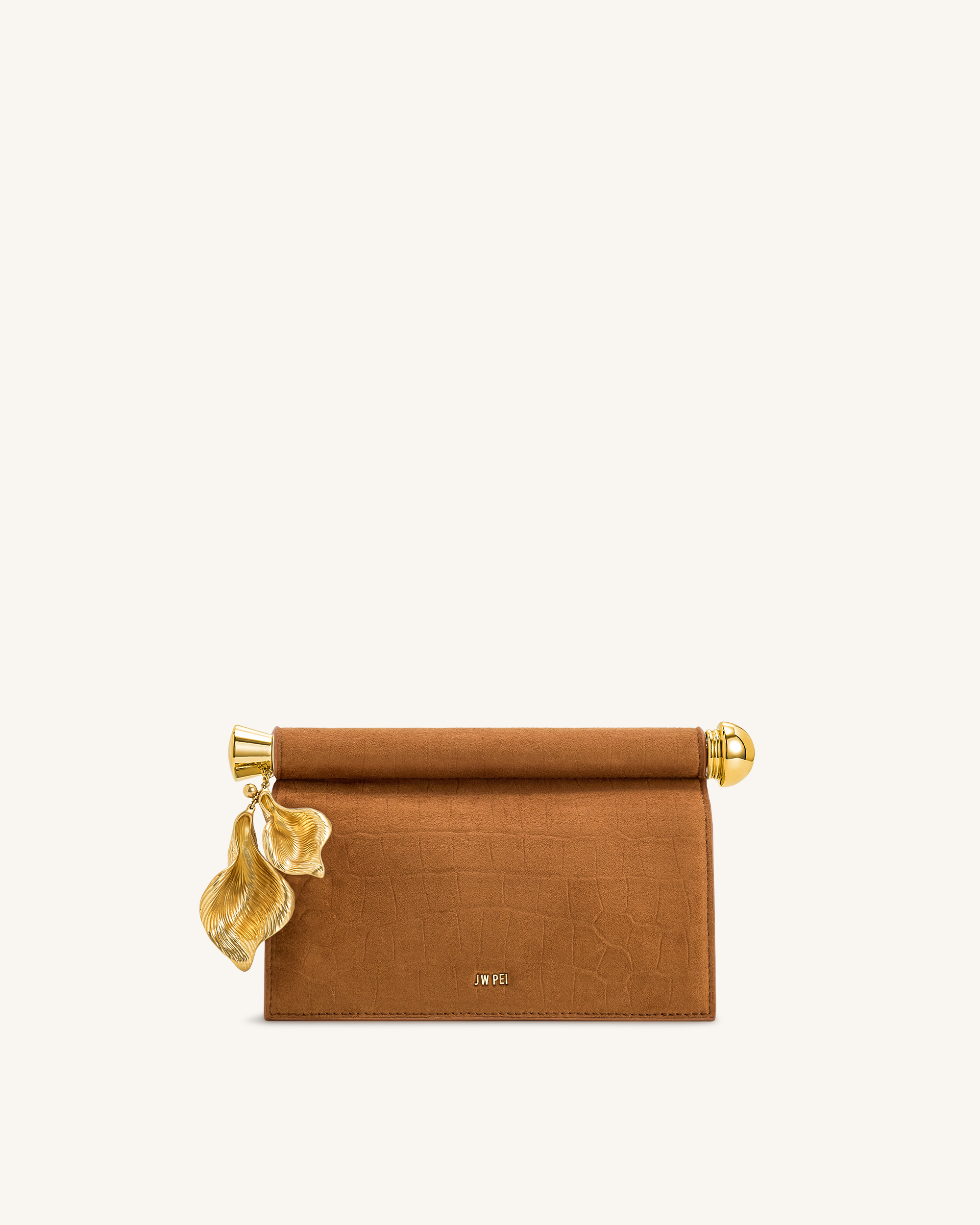 Holly Faux Suede Metal Pendant Embellished Clutch - Reddish Brown