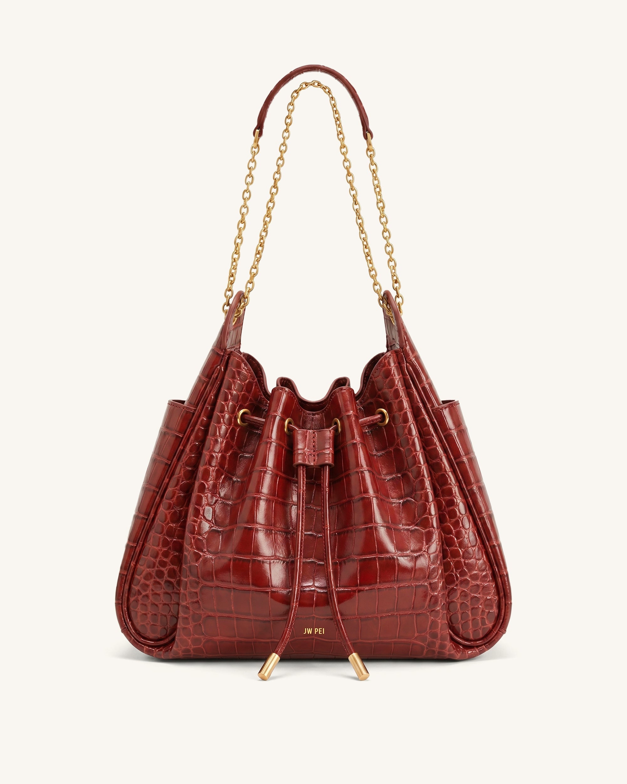 Rowan Ruched Drawstring Chain Bucket Bag - Ivory