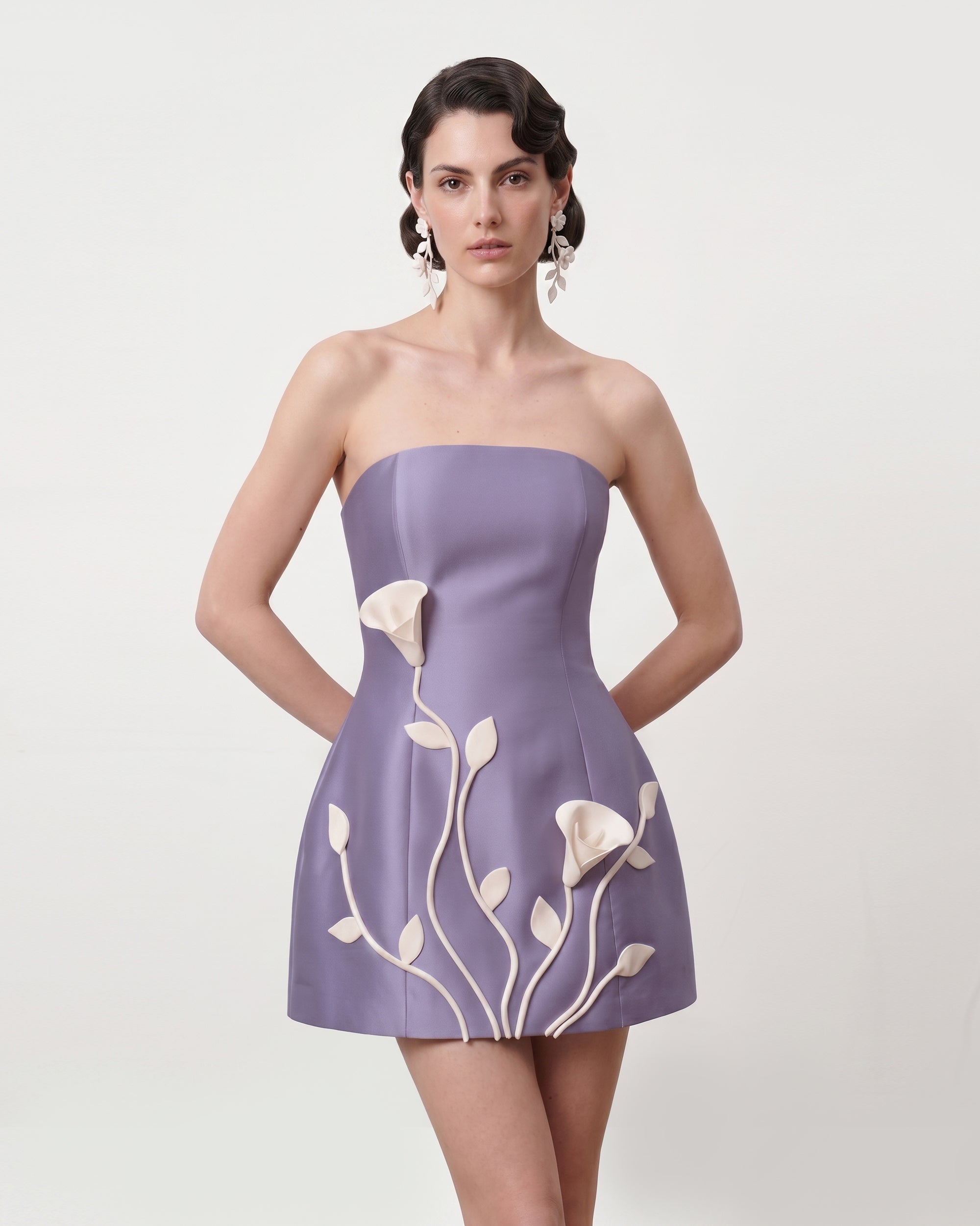 3D Vine Floral Strapless Mini Dress - Olive Green