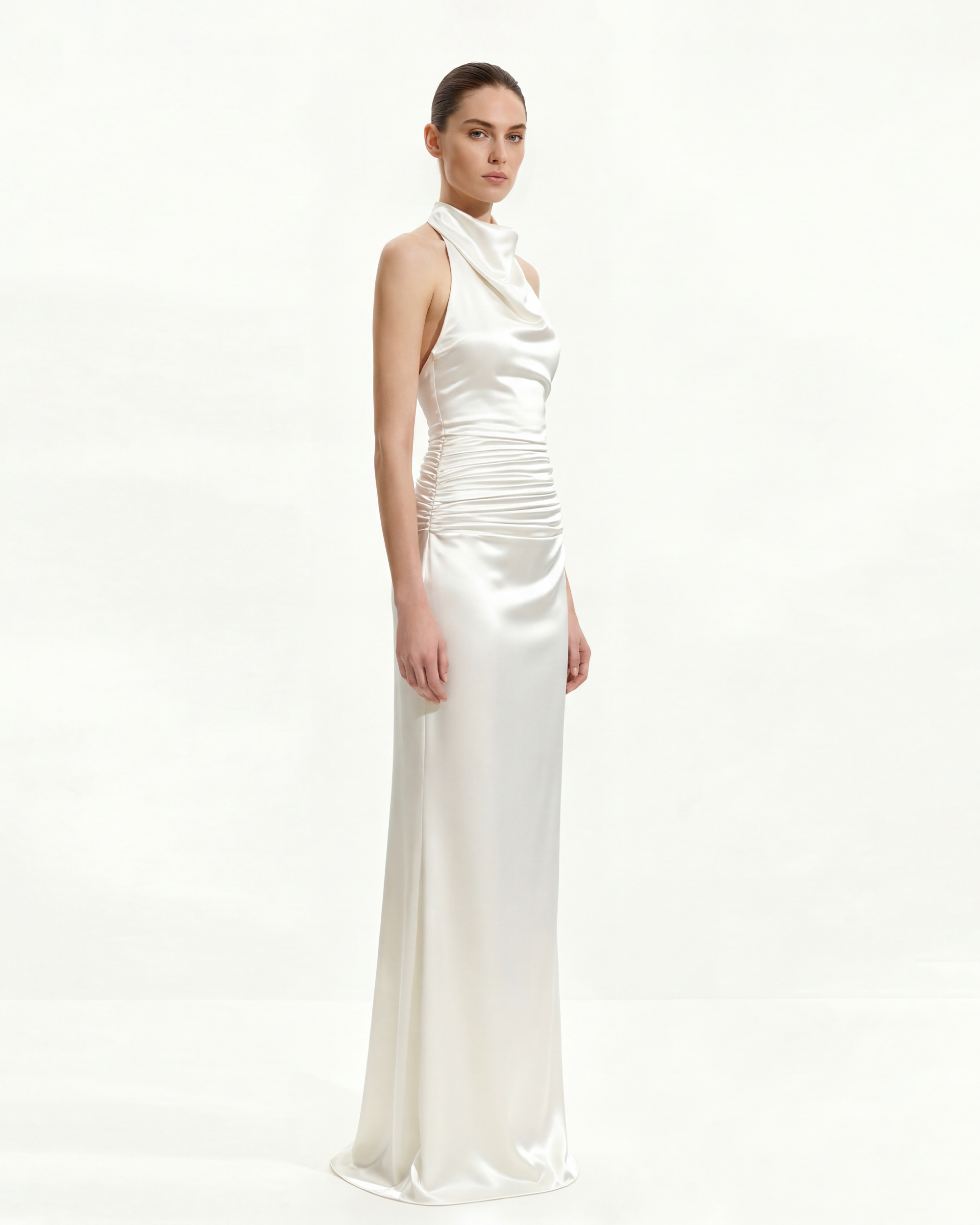 Satin Cowl Neck Ruched Maxi Gown - Dark Chocolate
