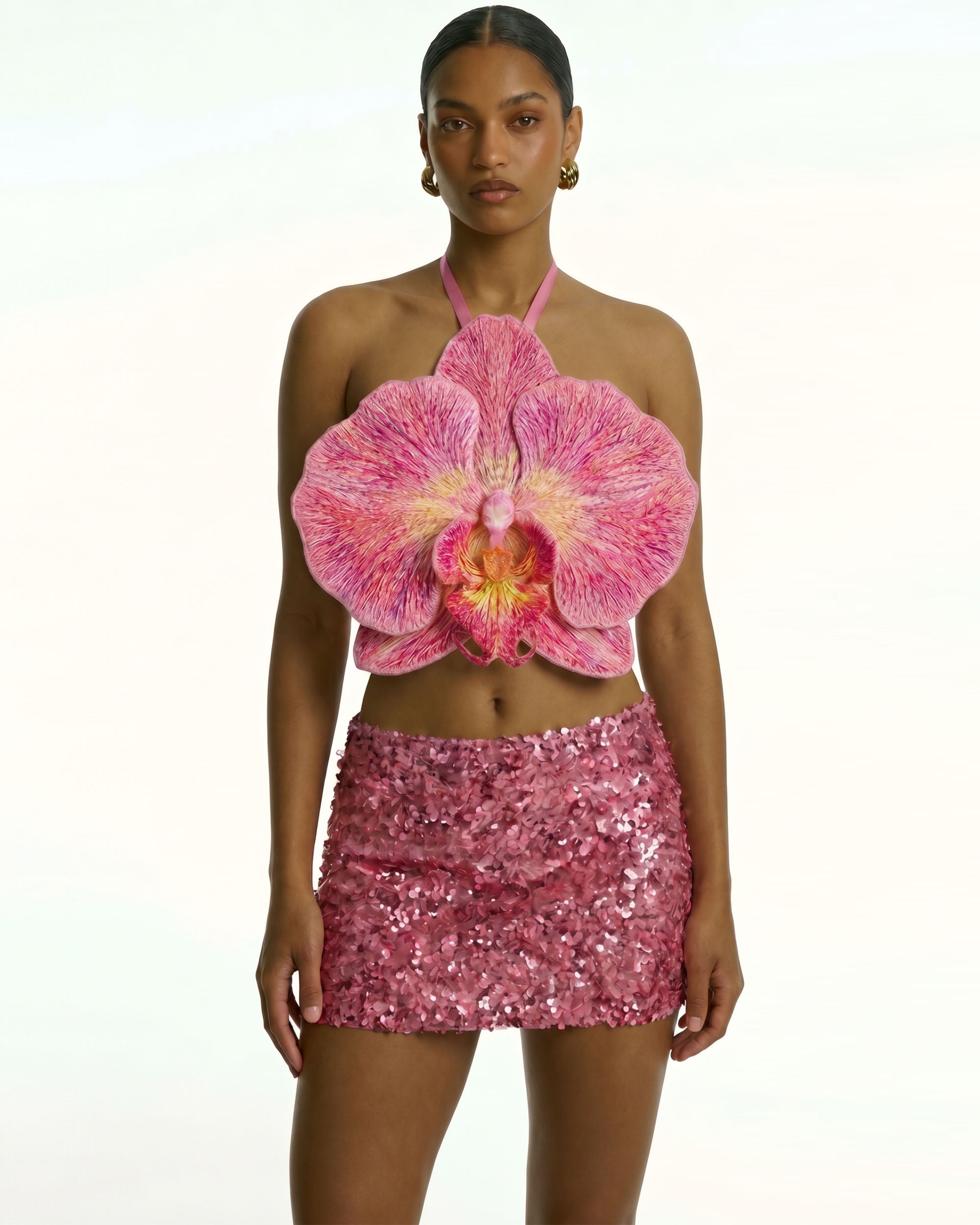 3D Orchid Halter Crop Top - Pink