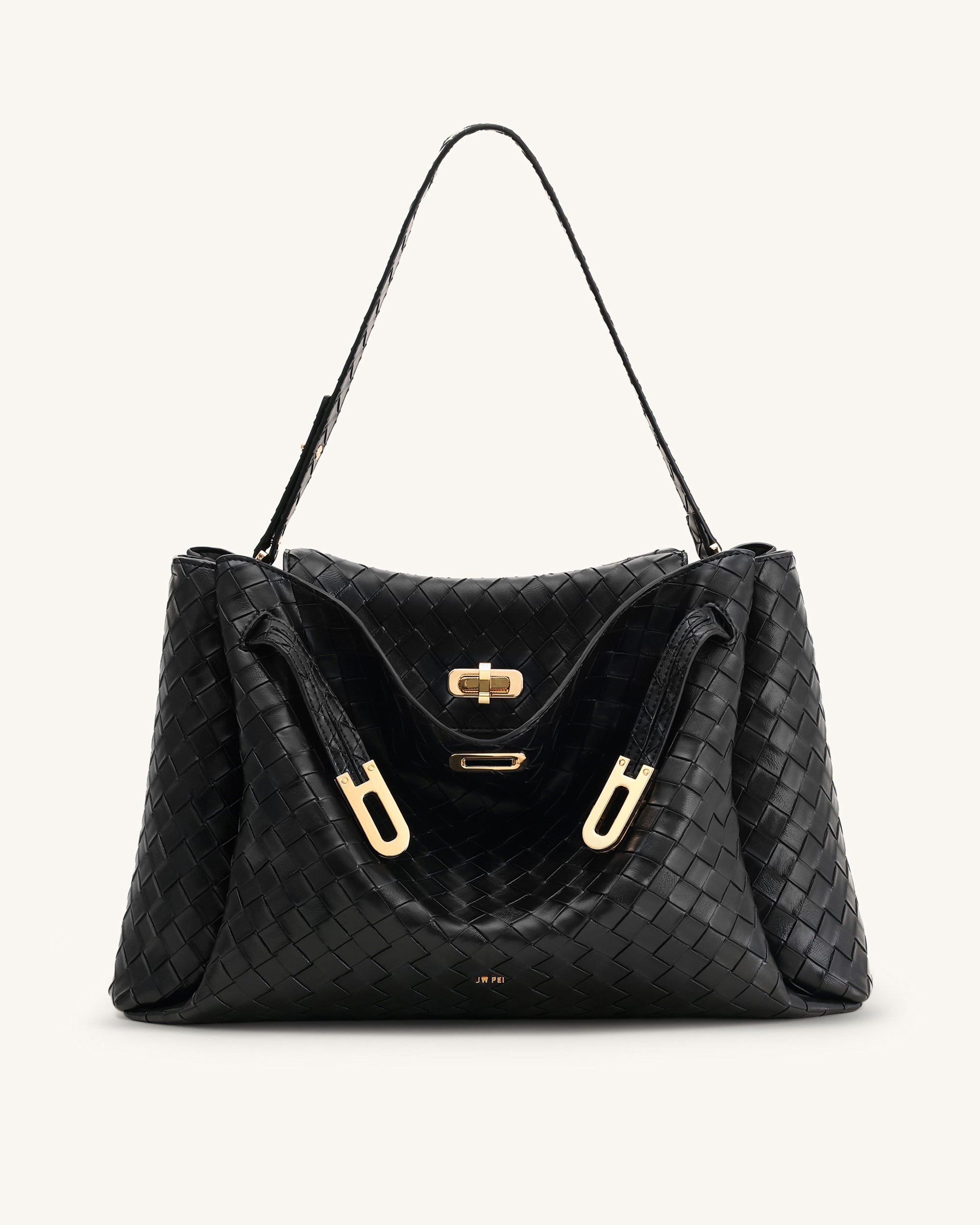Rhea Large Woven Textured Shoulder Bag - Black