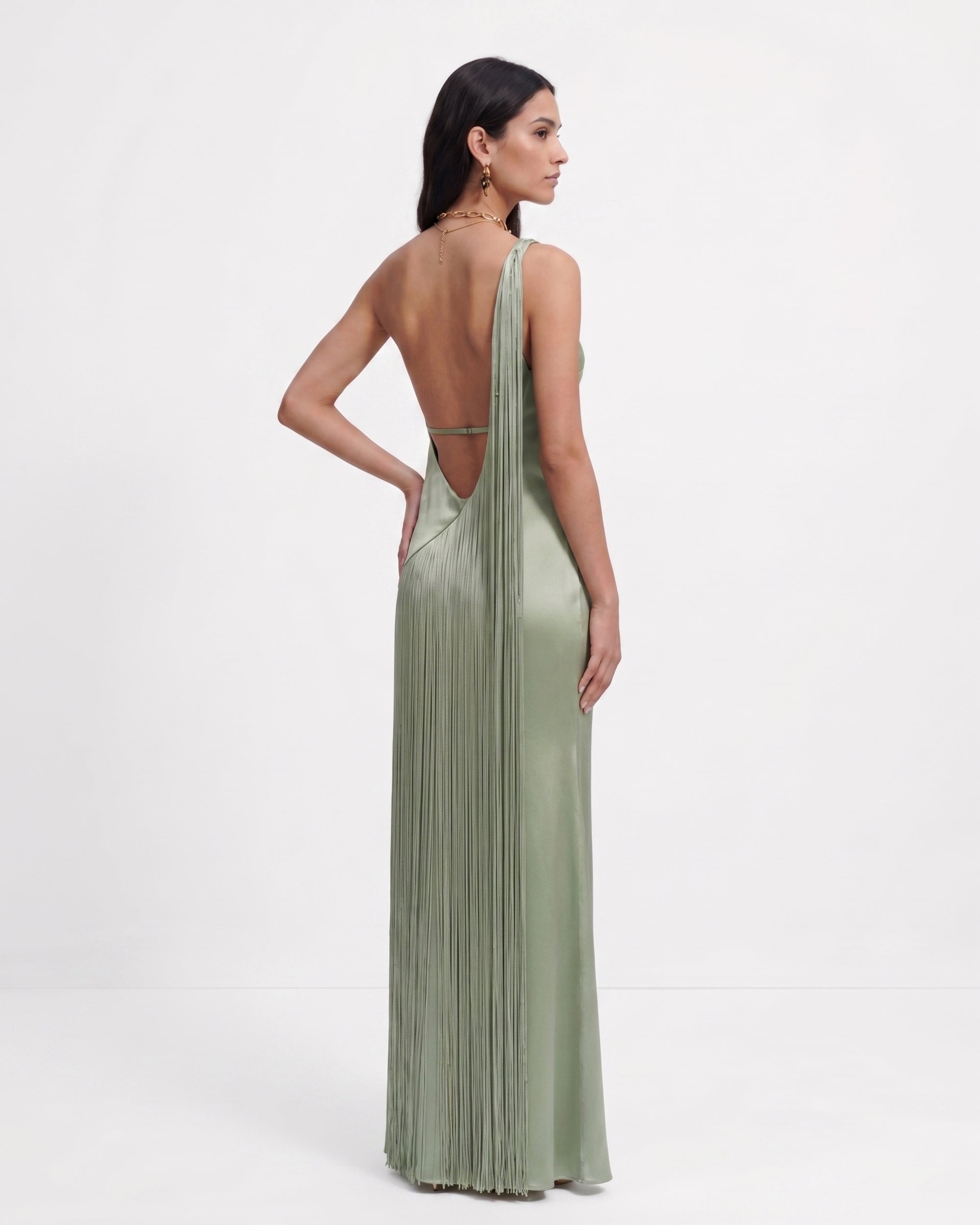 Fringe One Shoulder Maxi Dress - Misty Blue