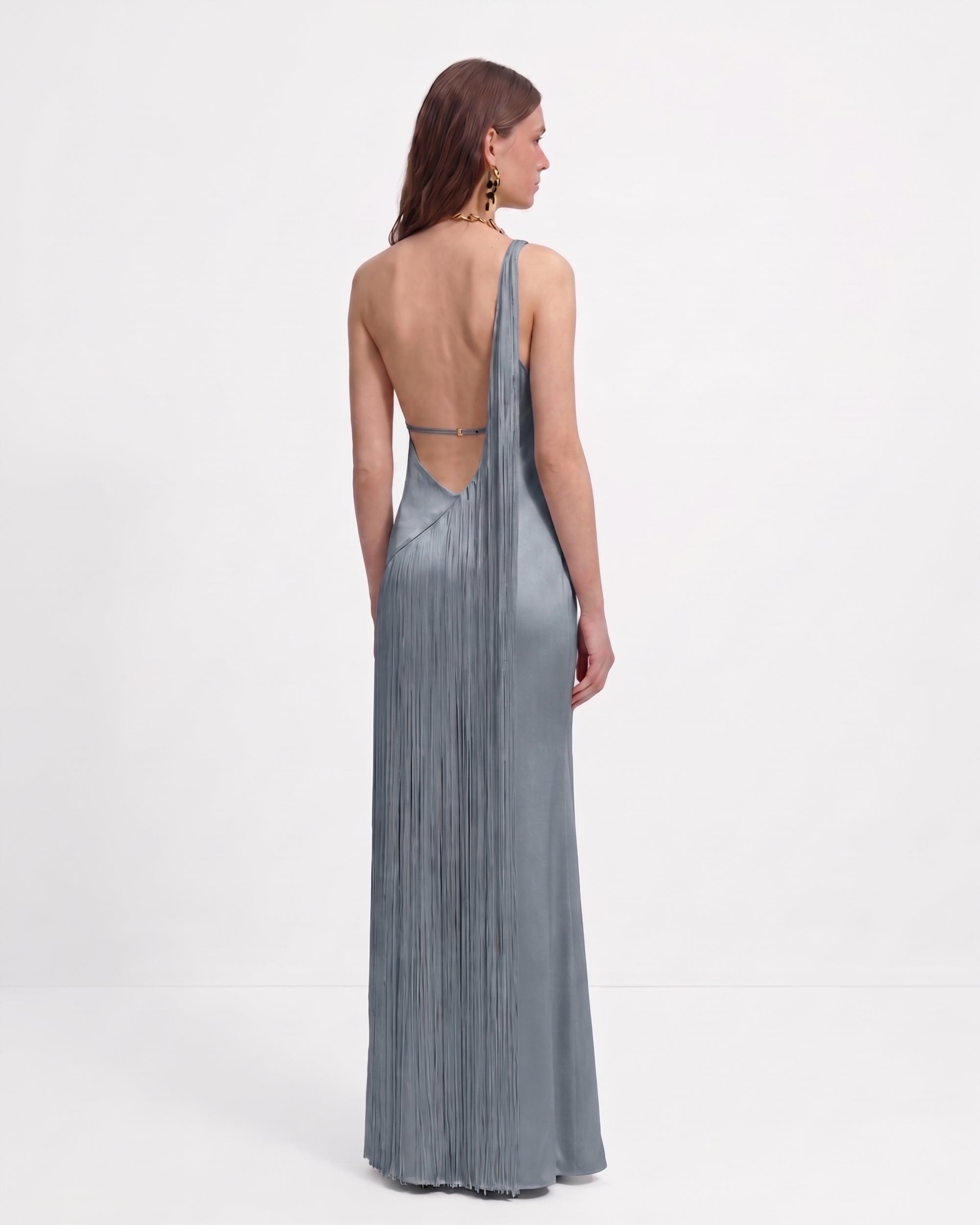Fringe One Shoulder Maxi Dress - Sage Green