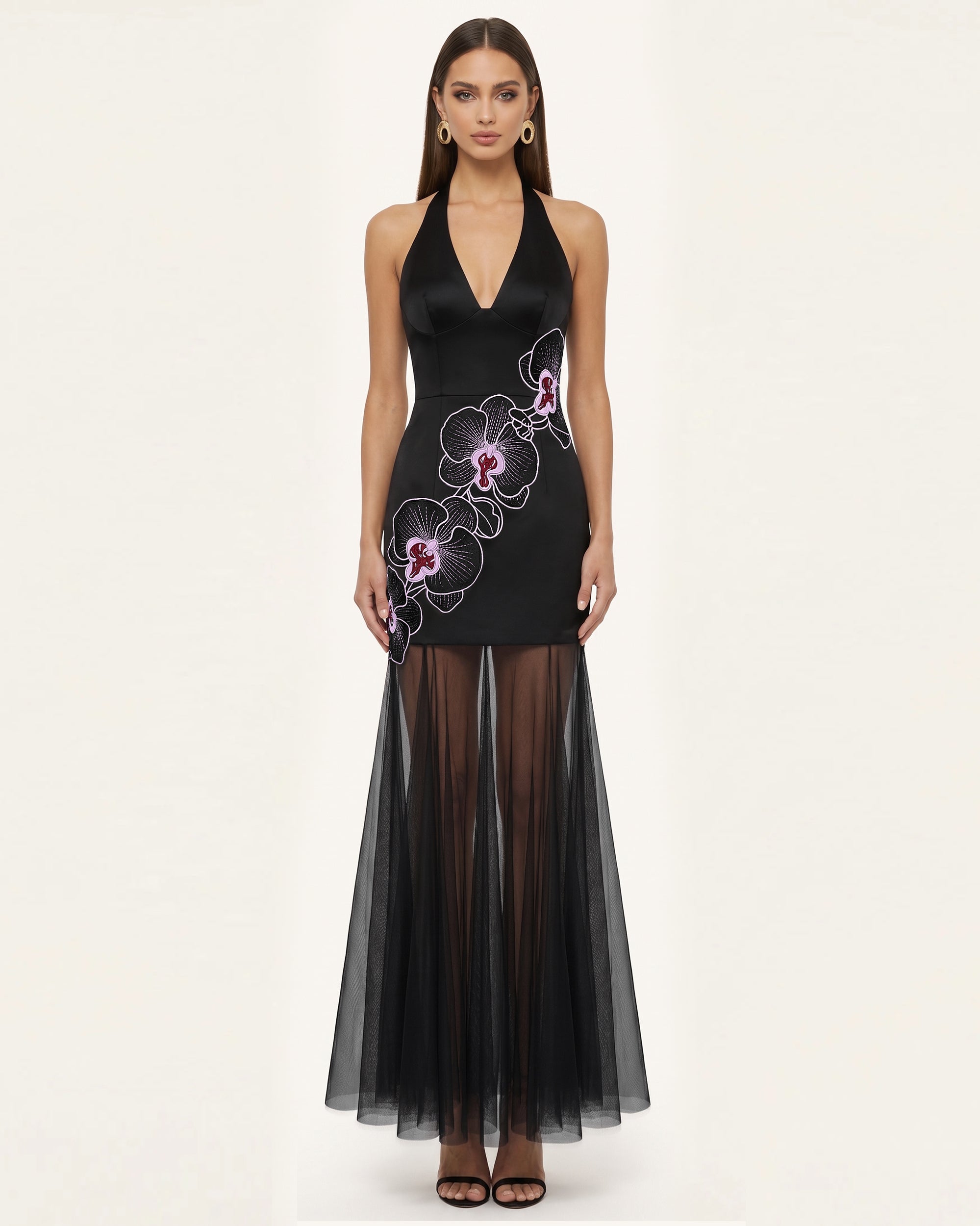 Orchid Embroidered Sheer Hem Halter Maxi Dress - Light Blue