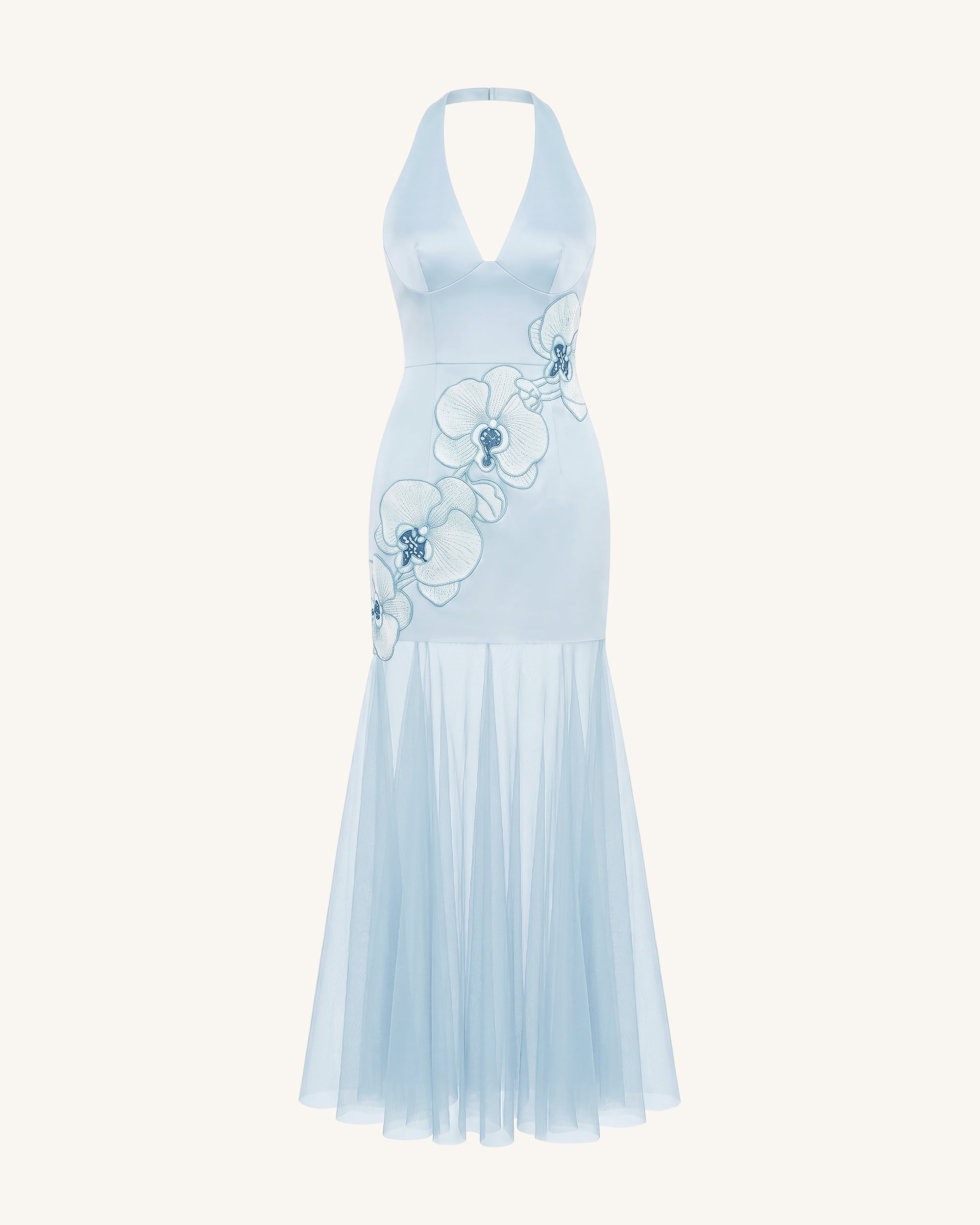 Orchid Embroidered Sheer Hem Halter Maxi Dress - Black Purple