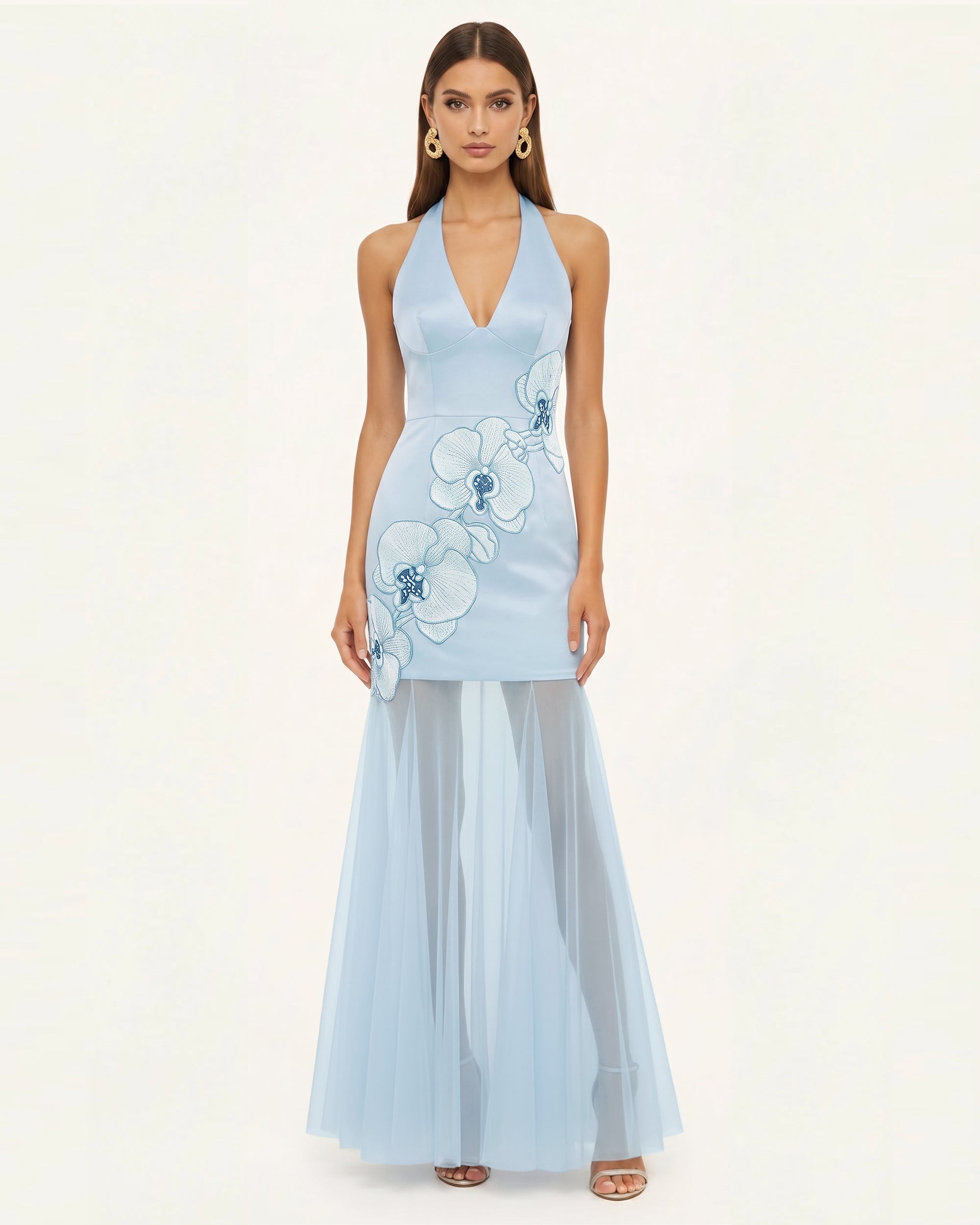 Orchid Embroidered Sheer Hem Halter Maxi Dress - Black Purple