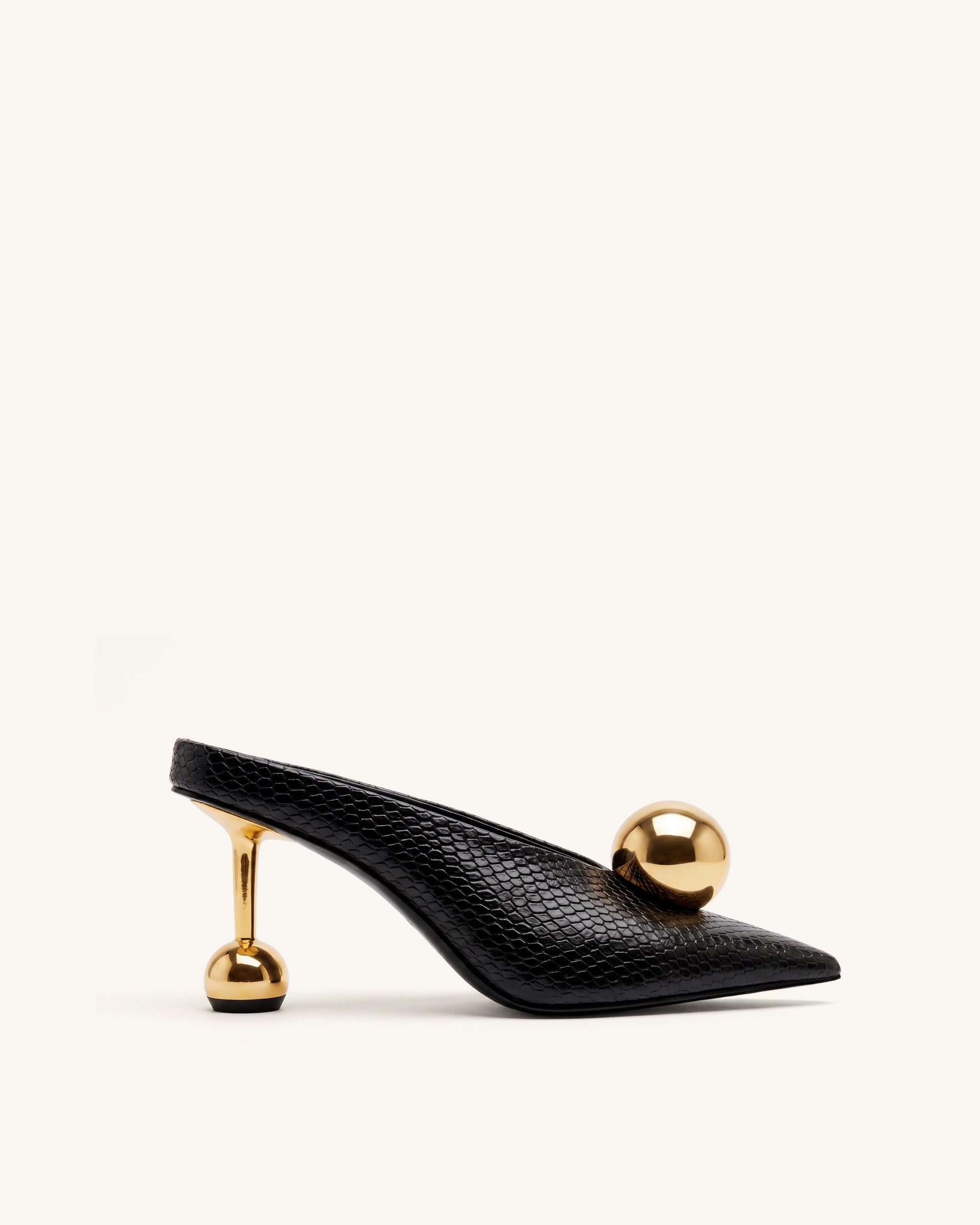 Sofia Angled Vamp Snakeskin Heel Mules - Black