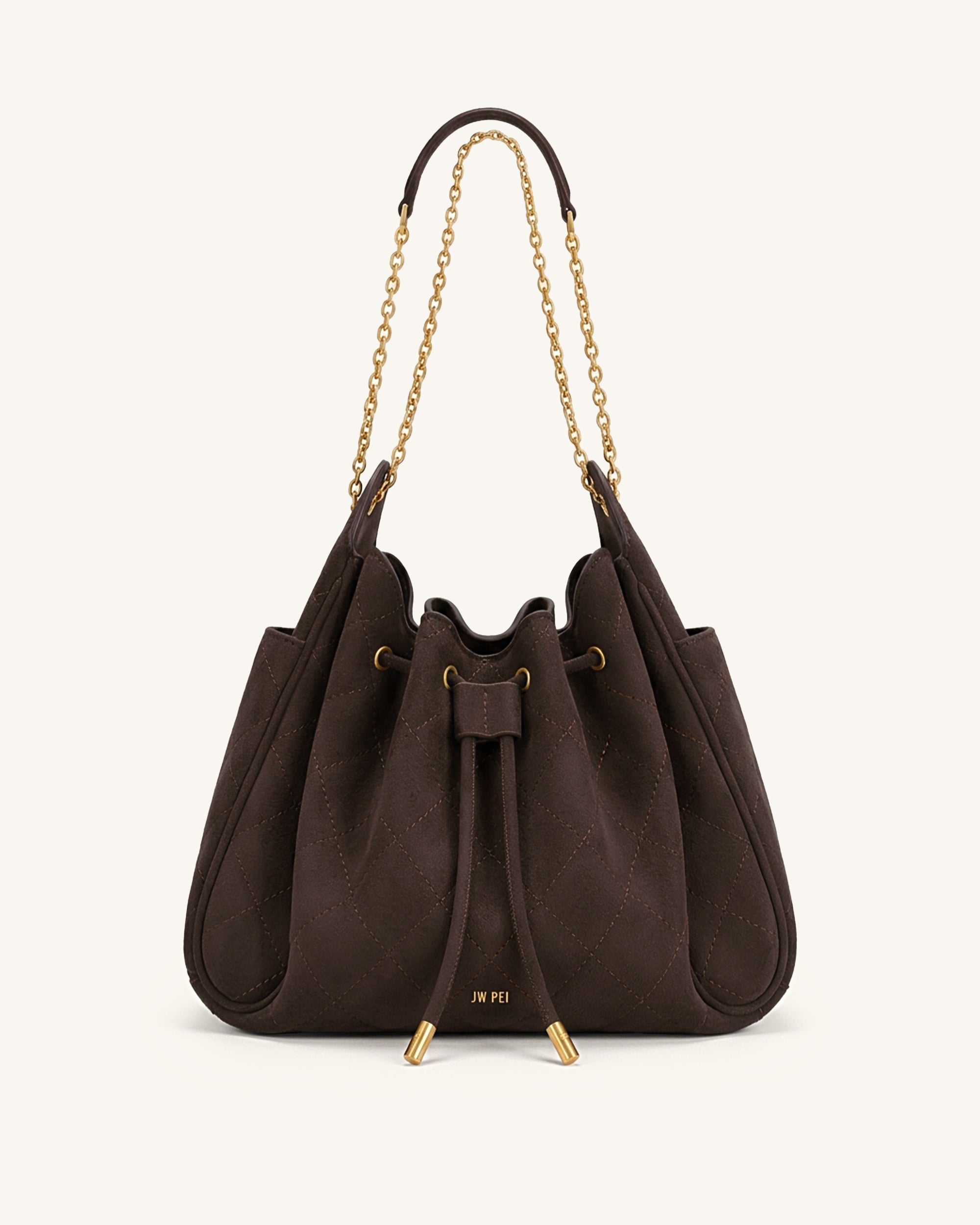 Rowan Faux Suede Quilted Chain Bucket Bag - Dark Brown