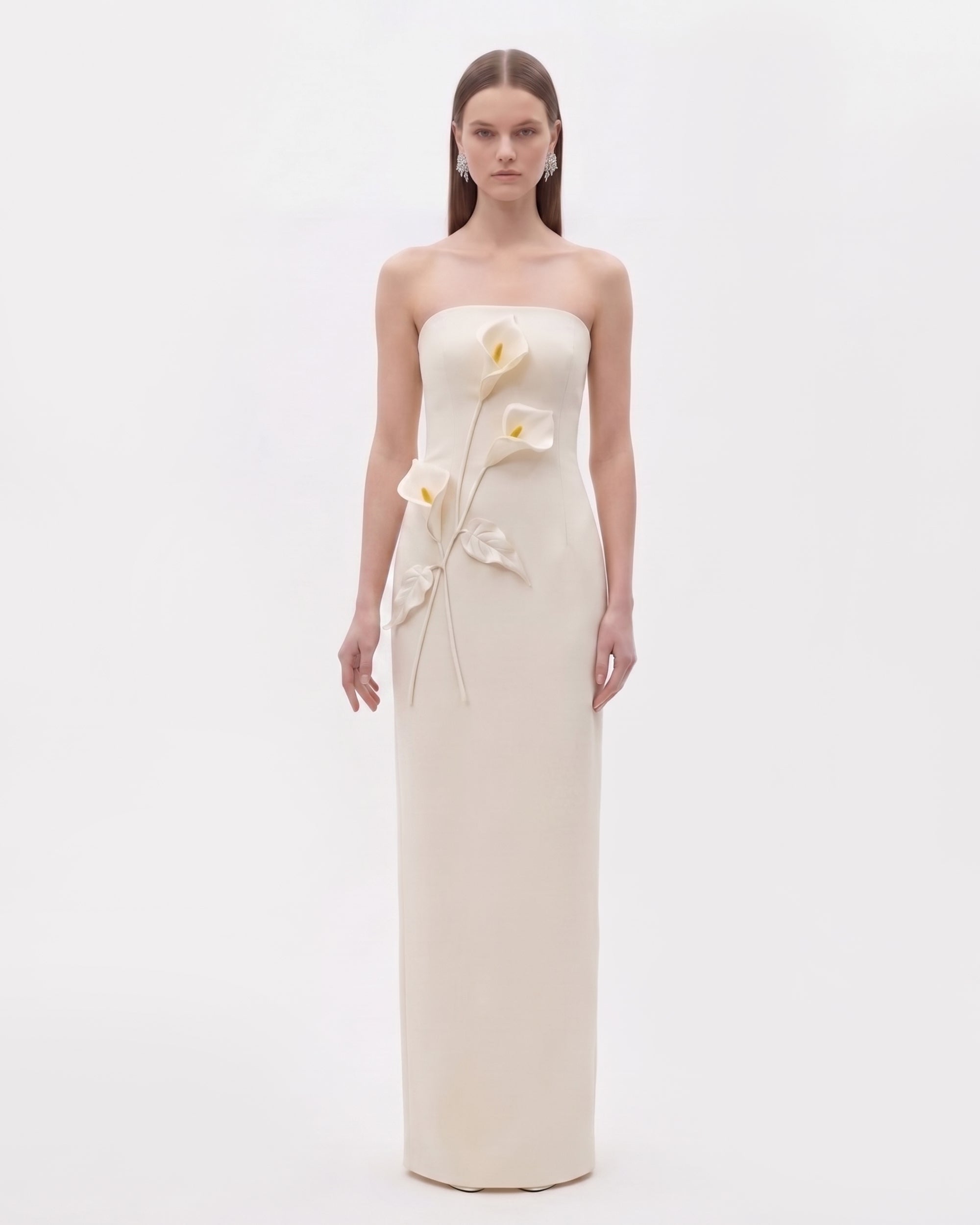 Floral Appliqué Strapless Dress - Coral Pink