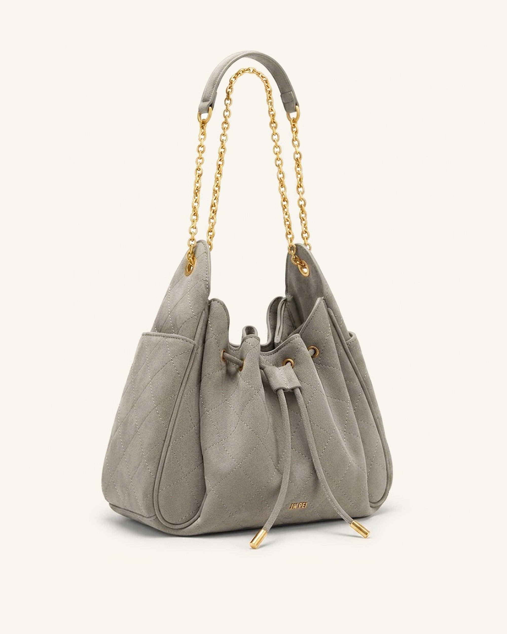 Rowan Faux Suede Quilted Chain Bucket Bag - Dark Brown