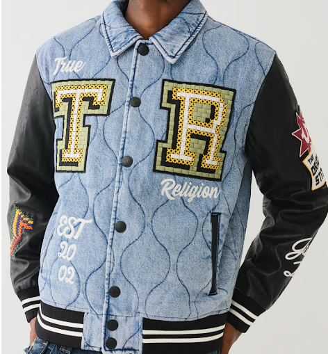 QUILTED DENIM VARSITY JACKET