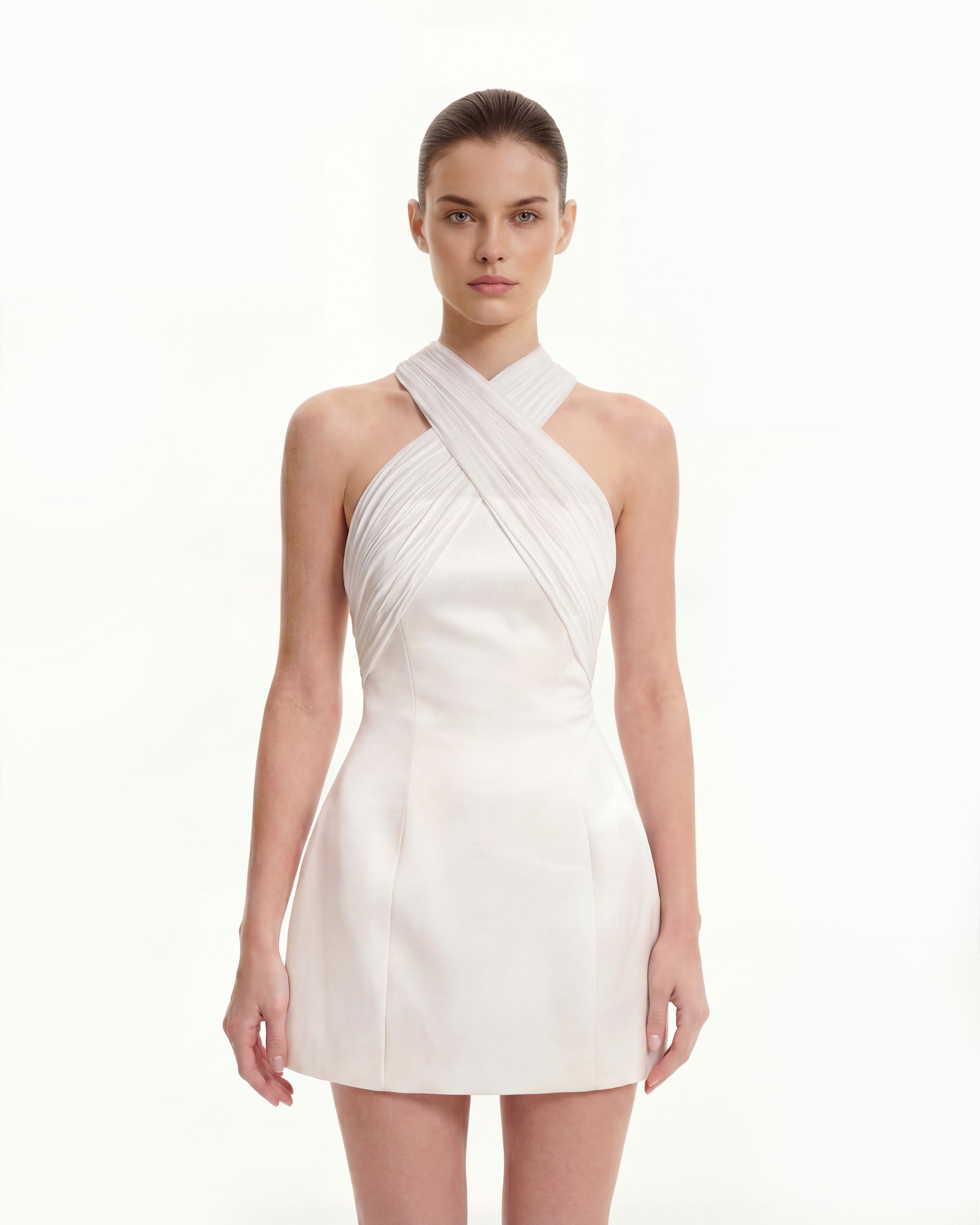 Satin Mini Dress with Tulle Cross-Halter - Blue