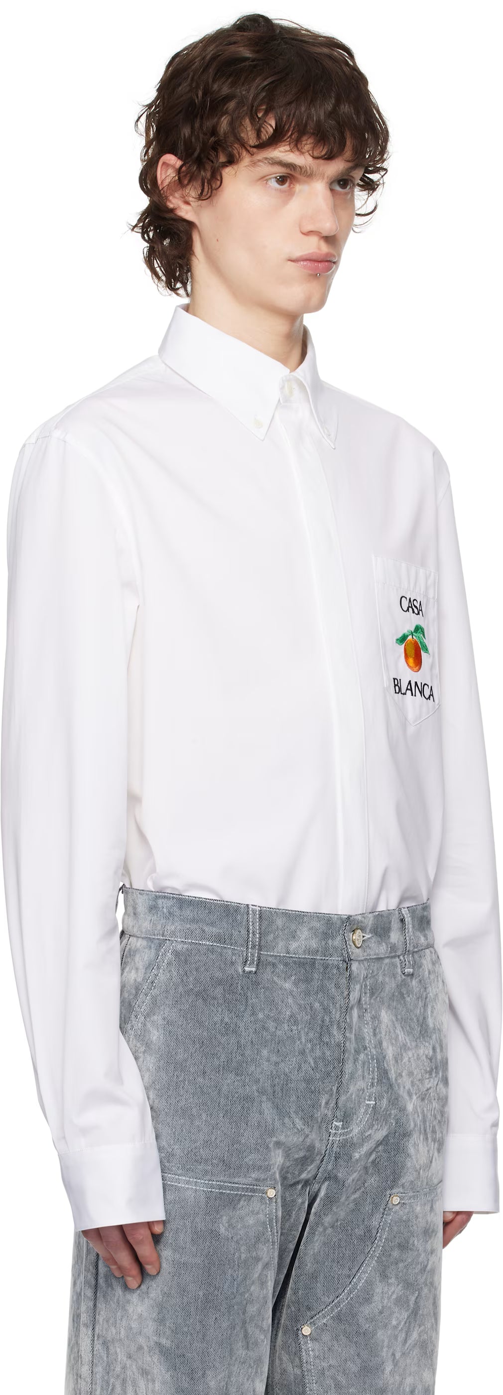 White Embroidered Orange Oxford Shirt