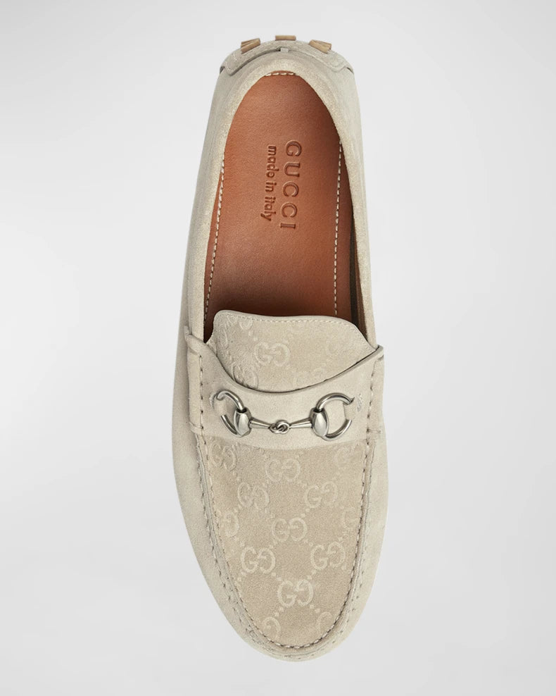 Gucci Men's Beige Suede Driver Loafers with Horsebit