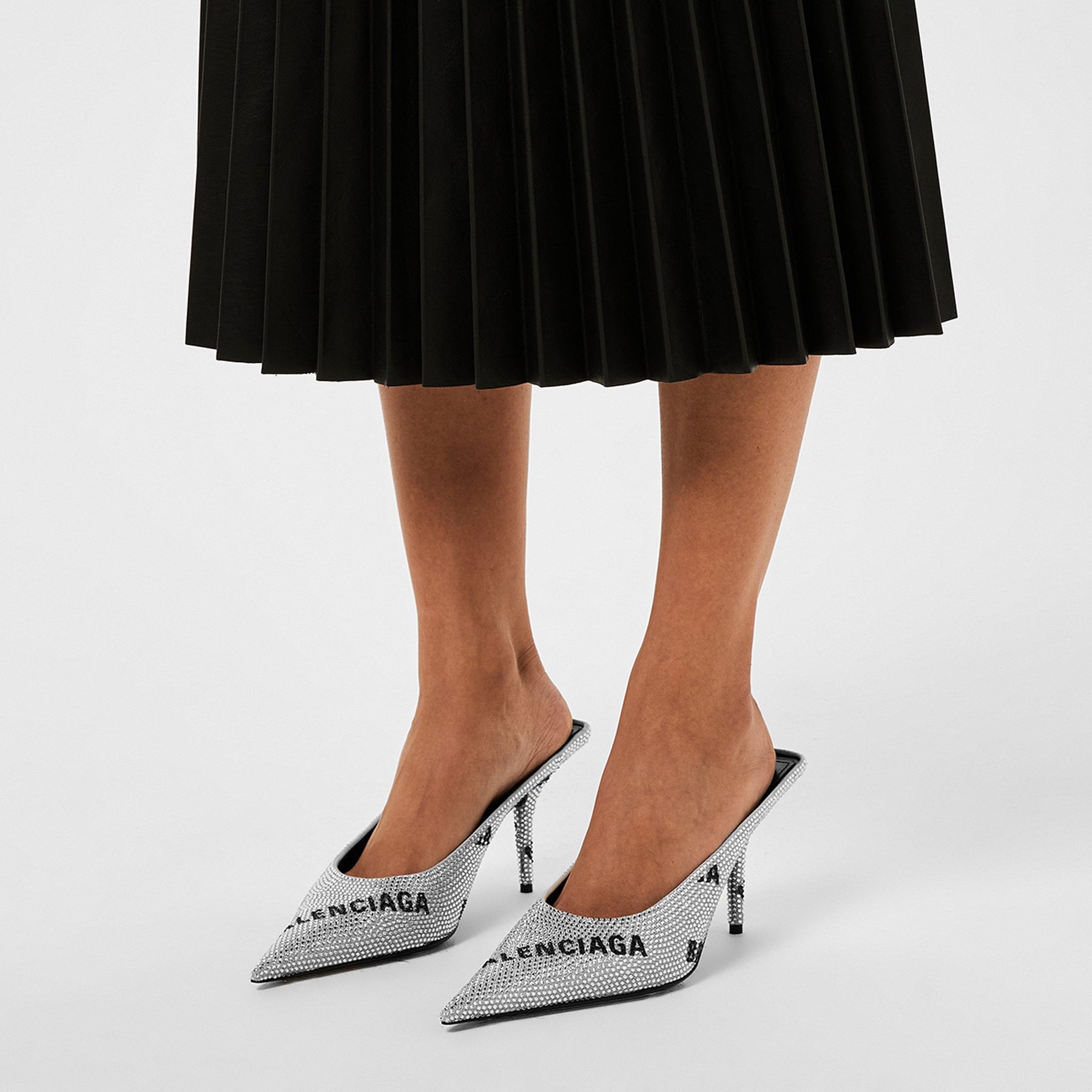 Square Knife Crystal-Embellished Leather-Heeled Mules