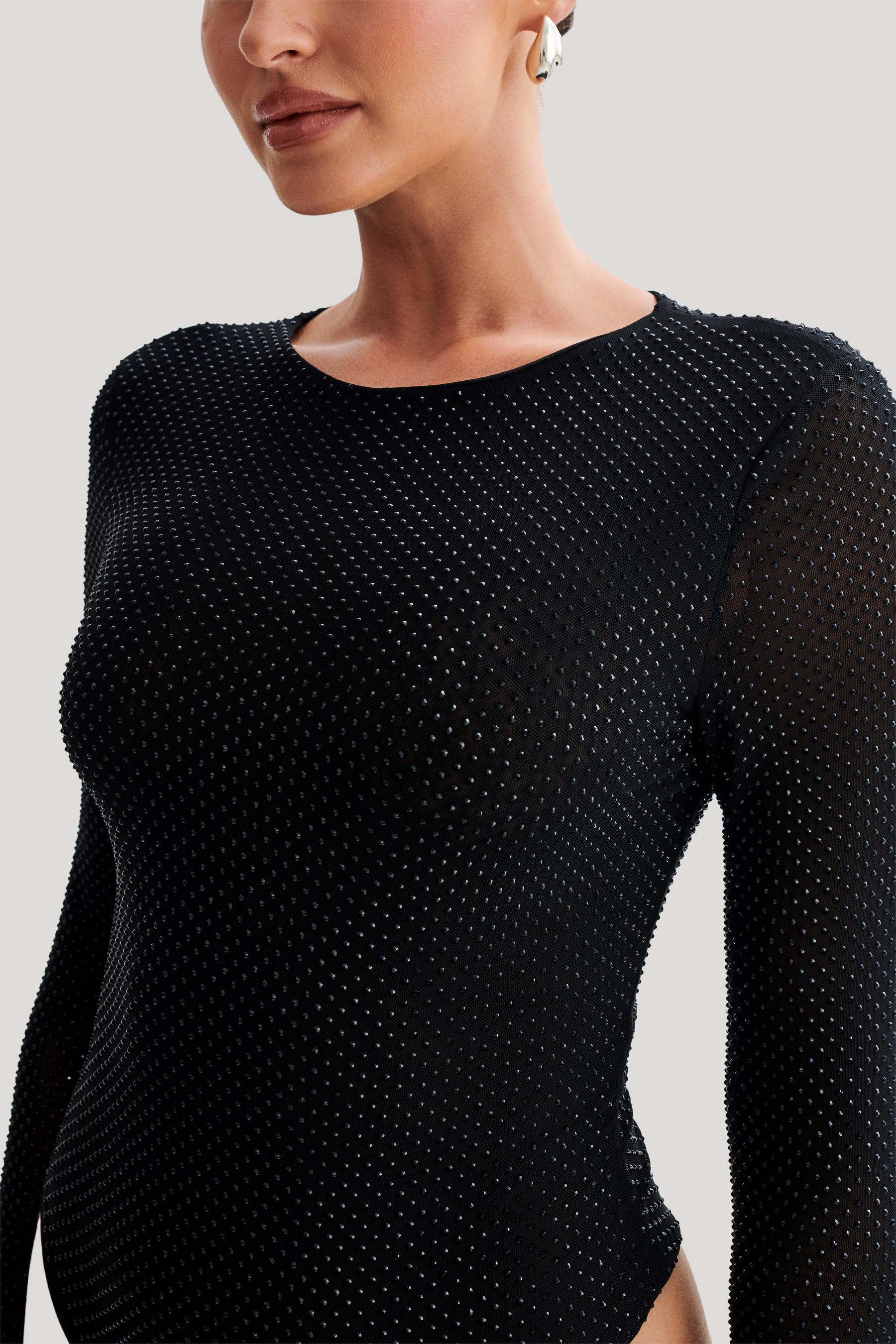 Selma Long Sleeve Diamante Bodysuit - Black/Black