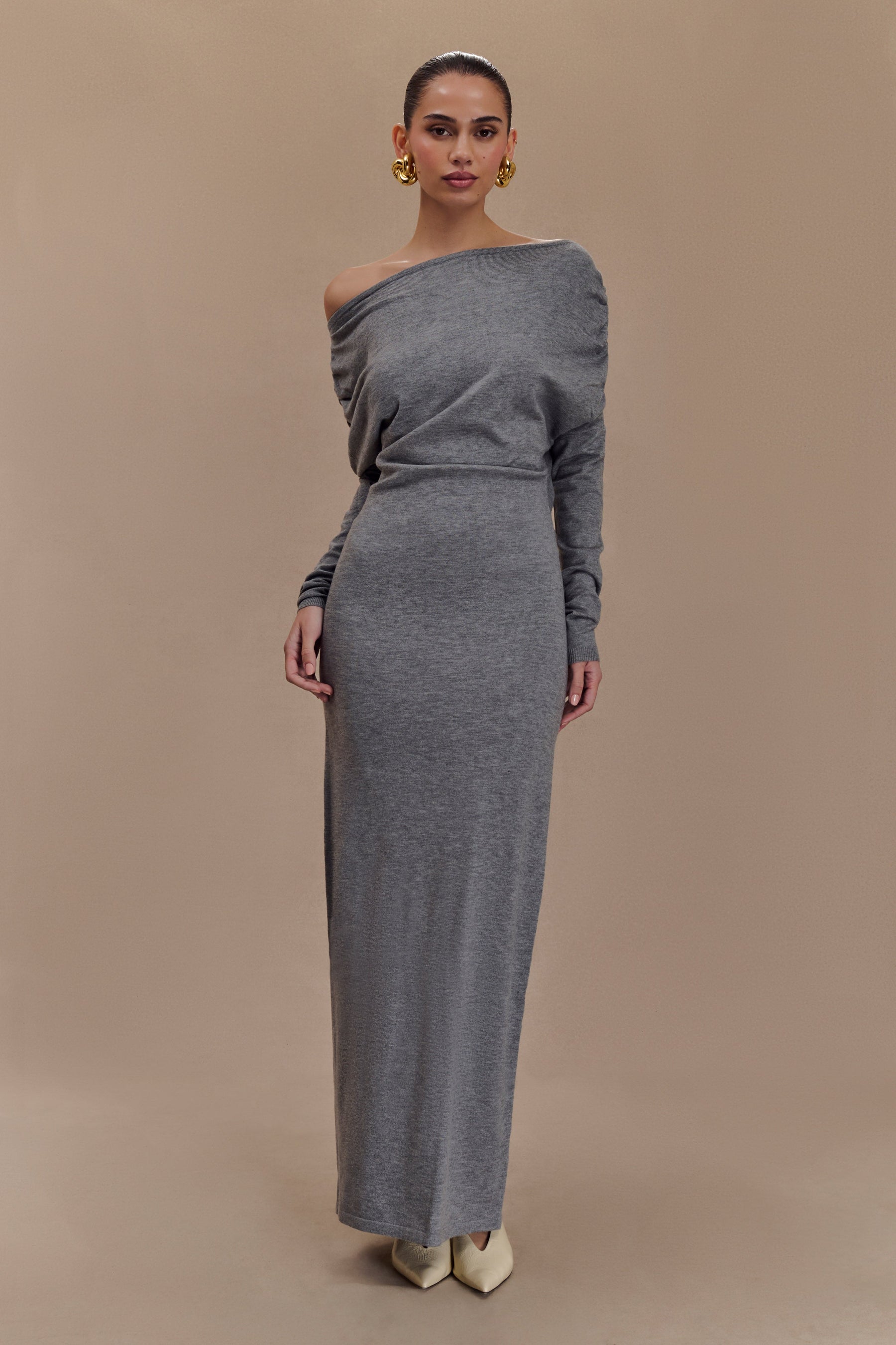 Jessie Cowl Neck Knit Midi Dress - Charcoal Marle