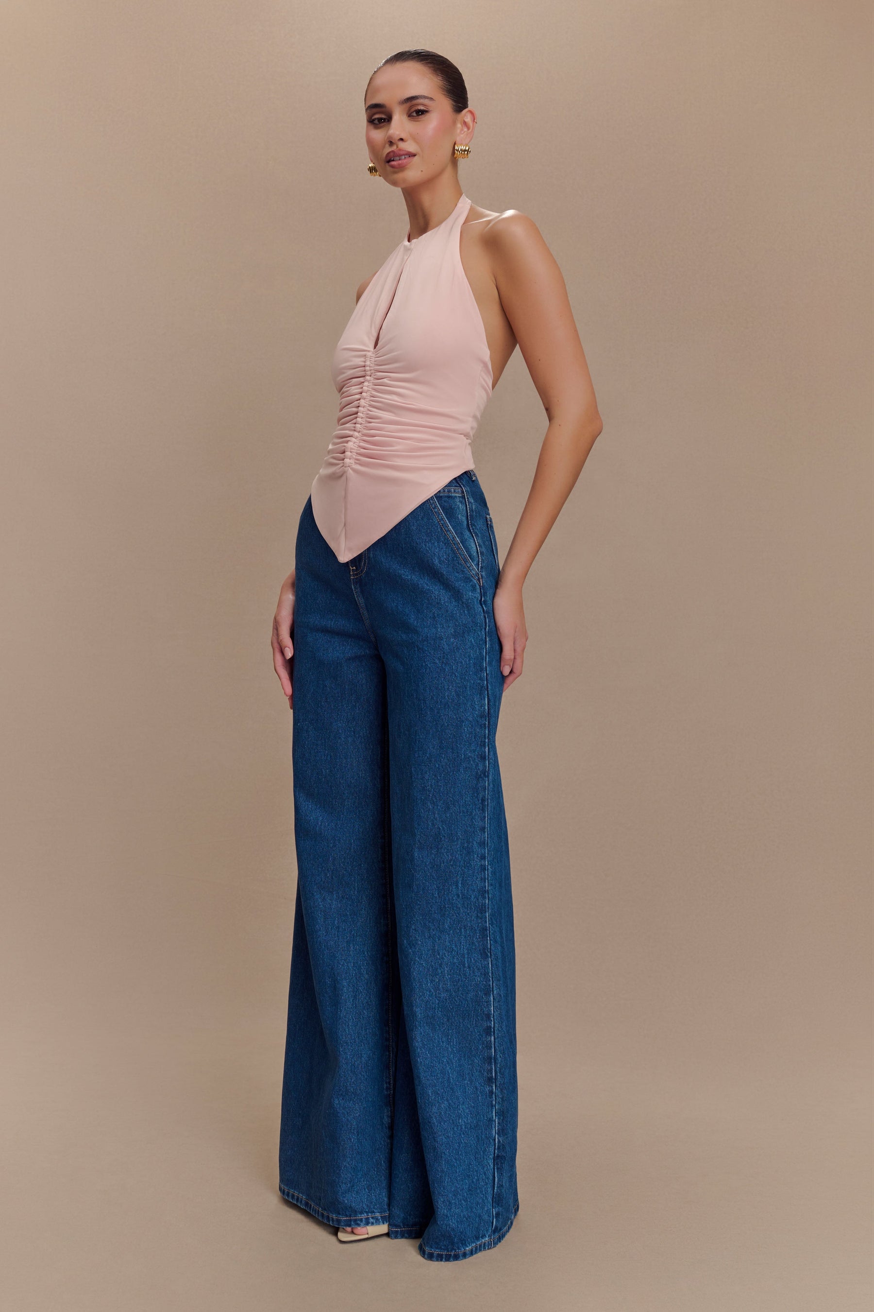 Linda Slinky Ruched Halter Top - Pale Pink