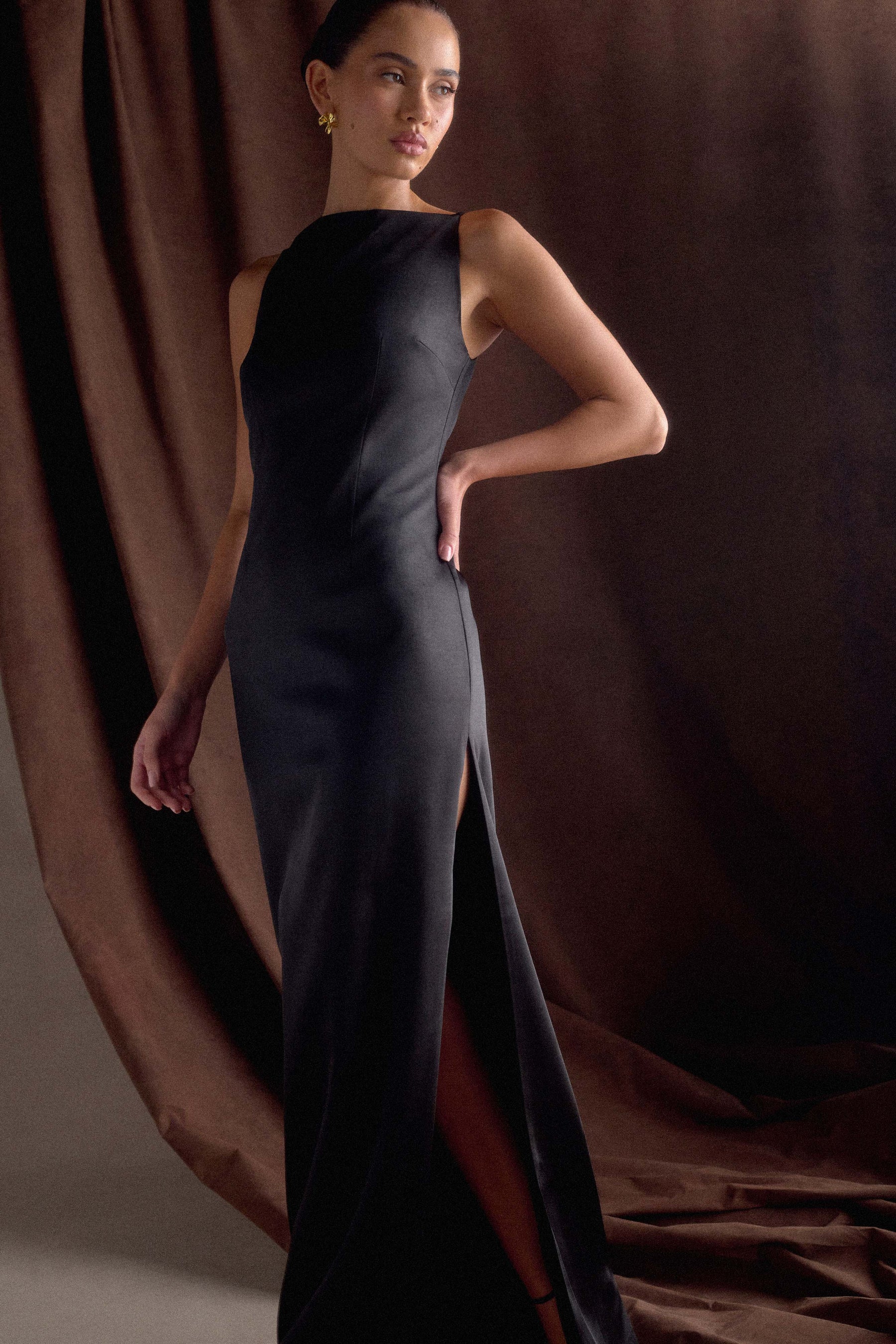 Violet Sleeveless Satin Maxi Dress - Black