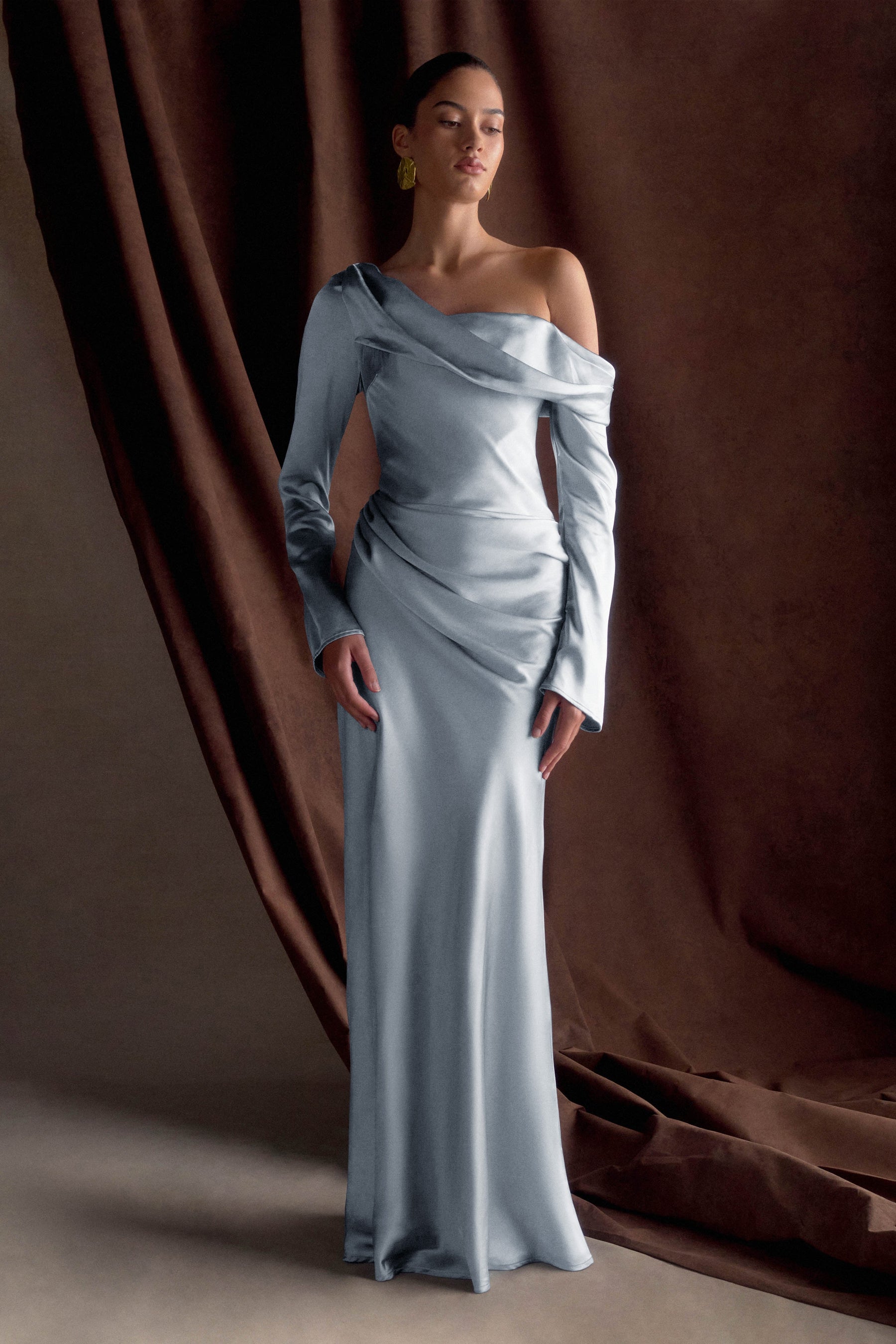 Iris Long Sleeve Satin Maxi Dress - Frosted Blue