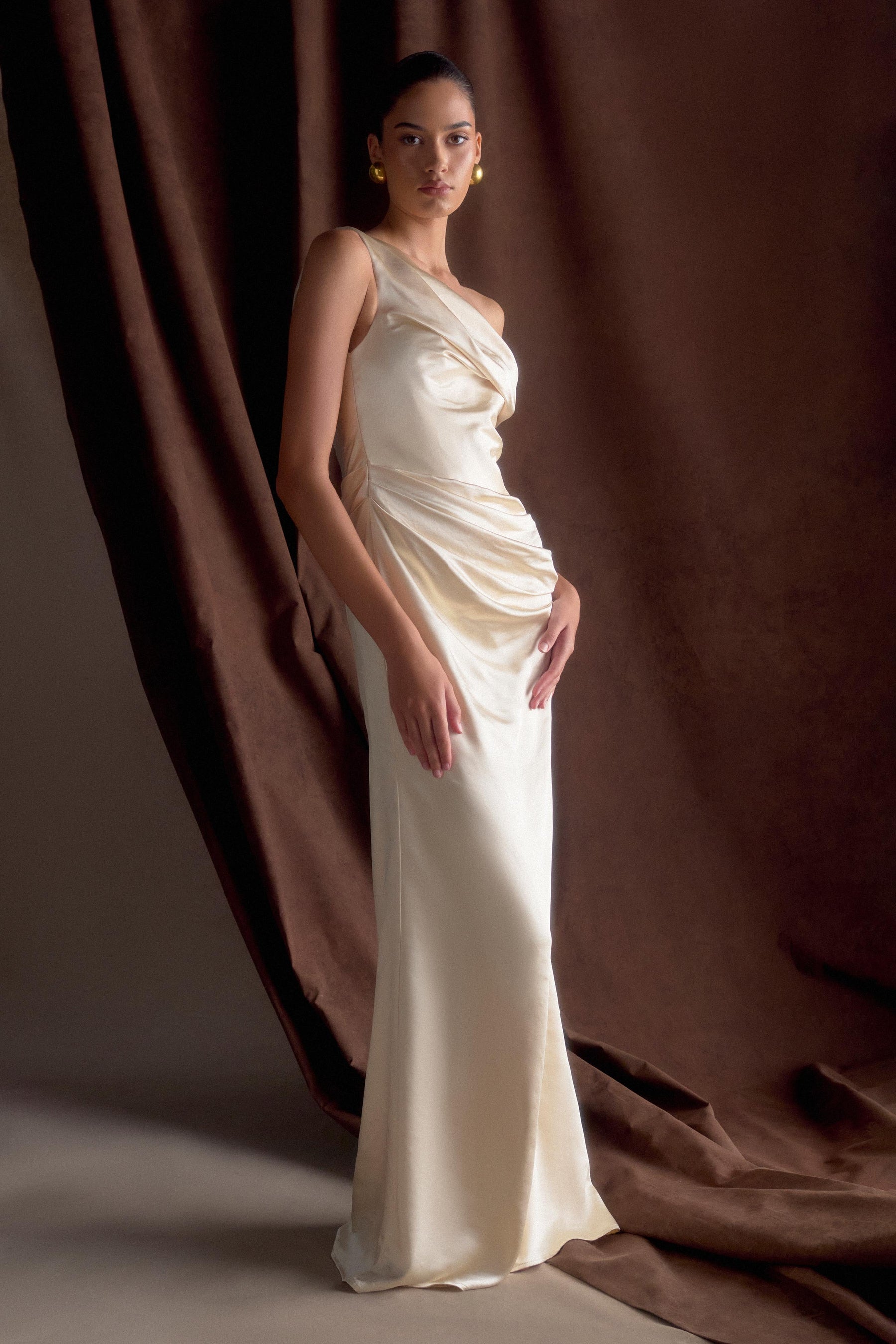 Dalia Off Shoulder Satin Maxi Dress - Blush Gold
