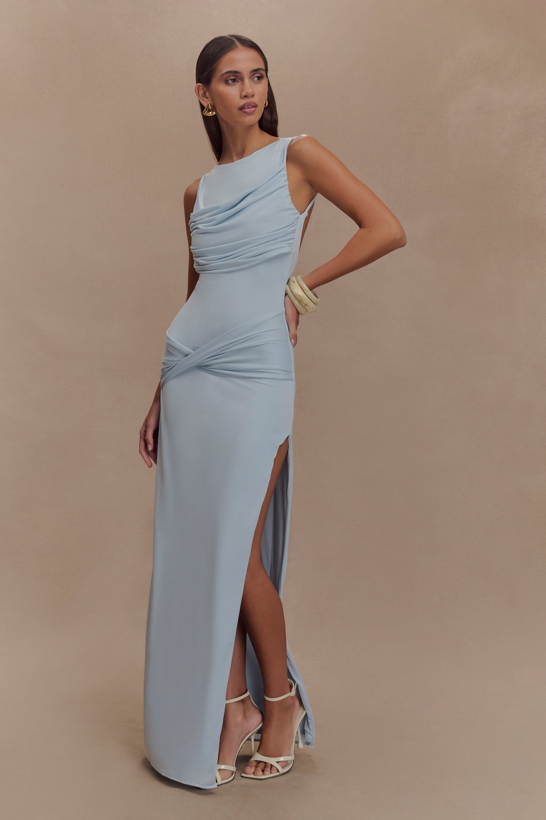 Henley Slinky Drape Maxi Dress - Pale Blue