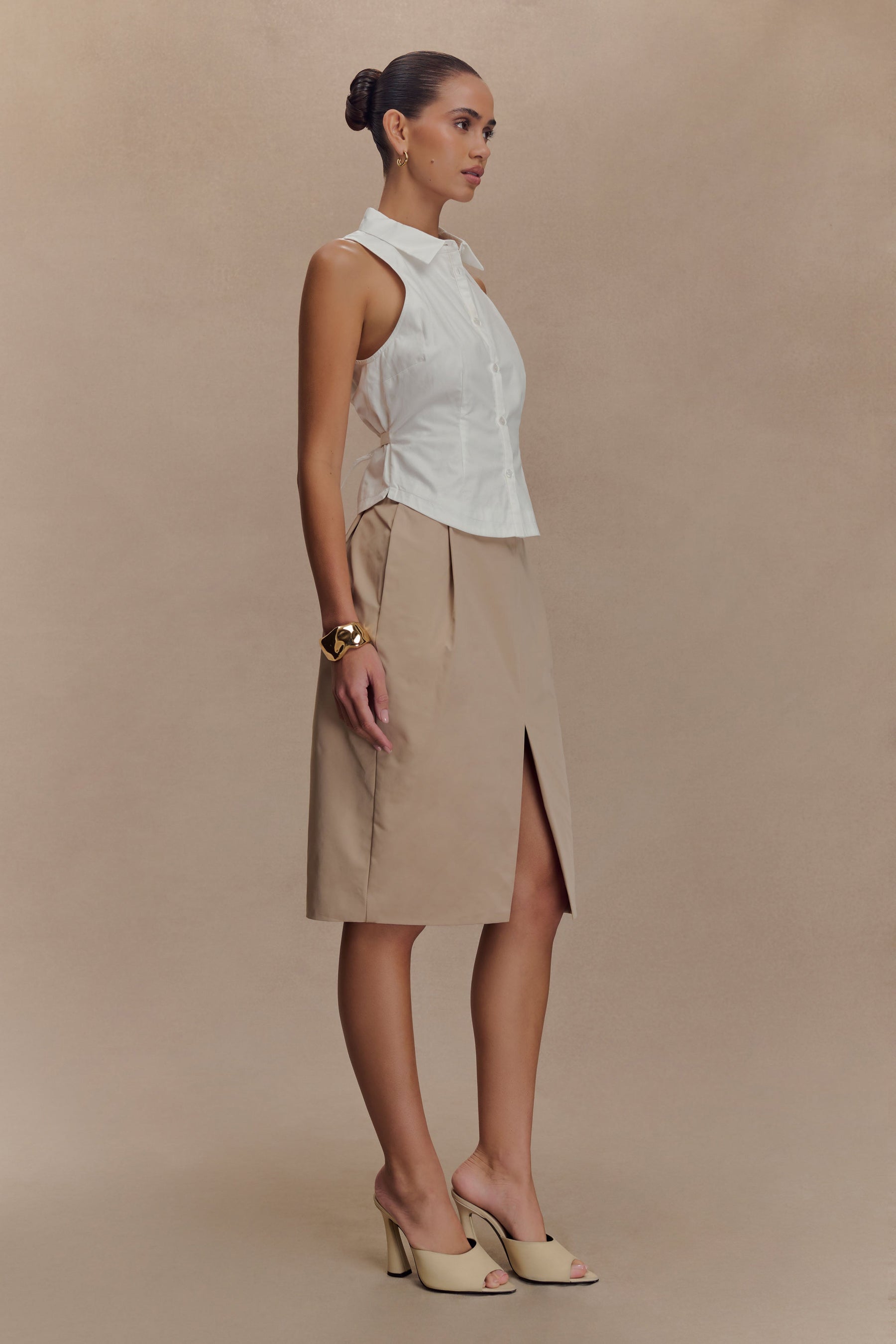 Vera Twill Split Front Midi Skirt - Camel