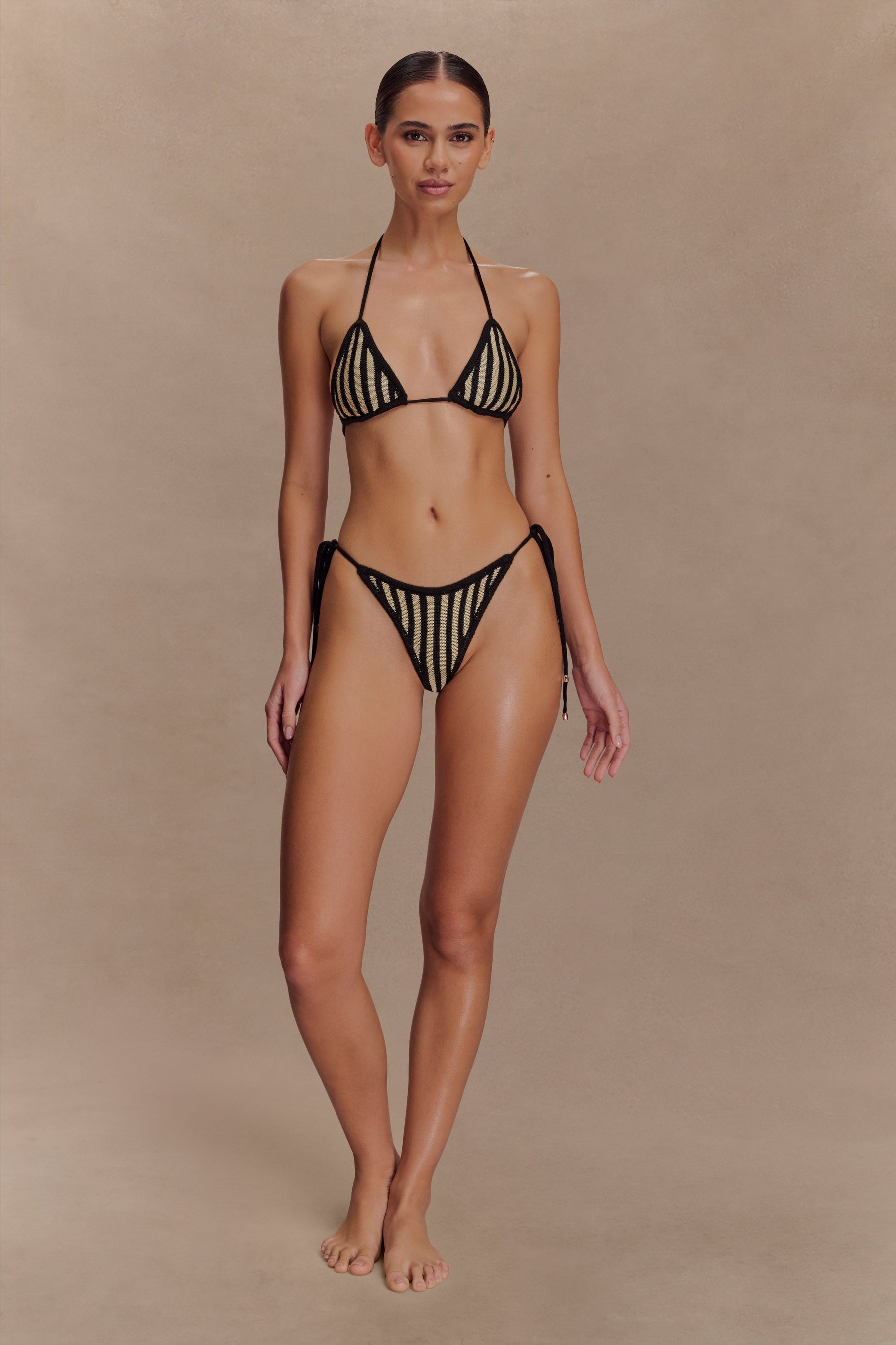Corrie Crochet Tie Up Bikini Top - Black And Neutral Stripe