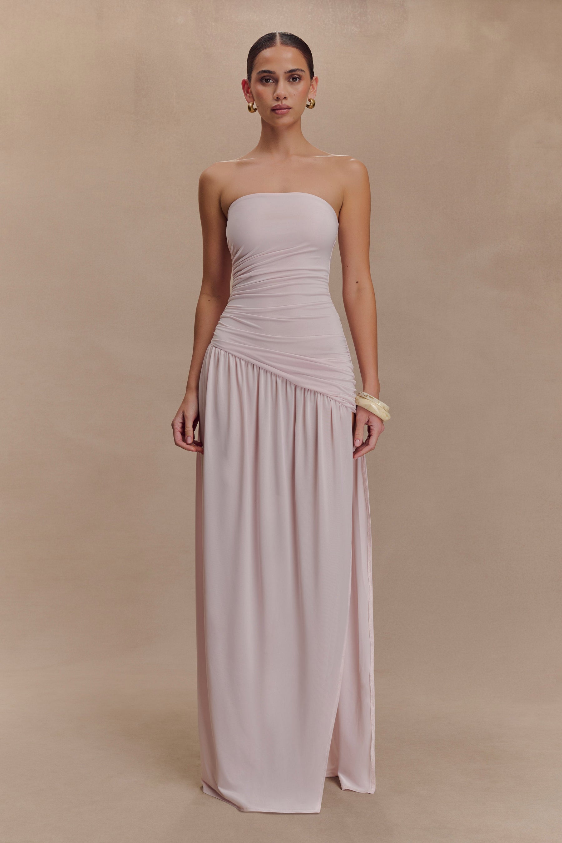 Bex Strapless Slinky Maxi Dress With Split - Pale Pink