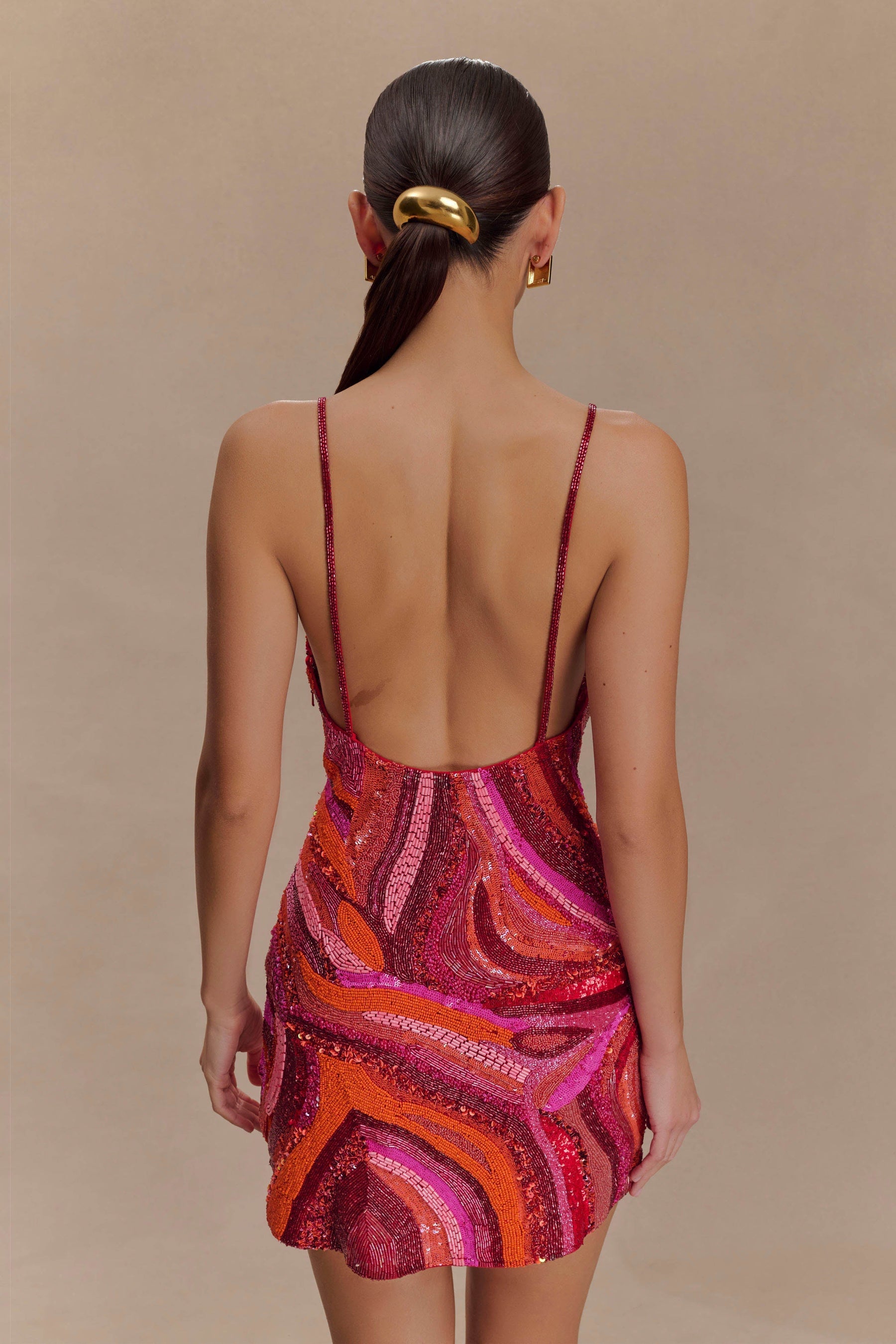 Eloise Hand Beaded Mini Dress - Pink Swirl Print