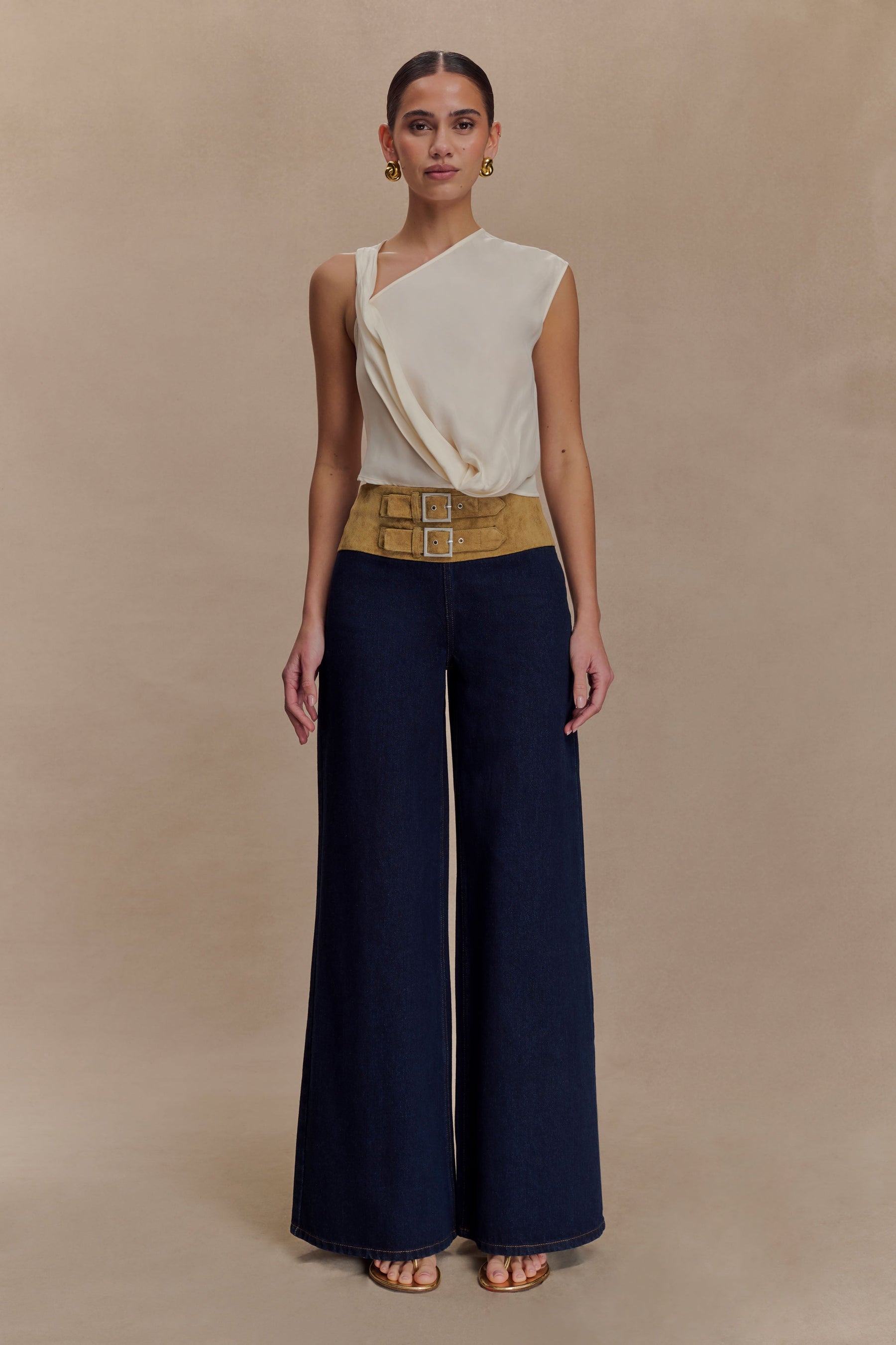 Miranda Faux Suede Belted Denim Wide Leg Pants - Indigo Blue