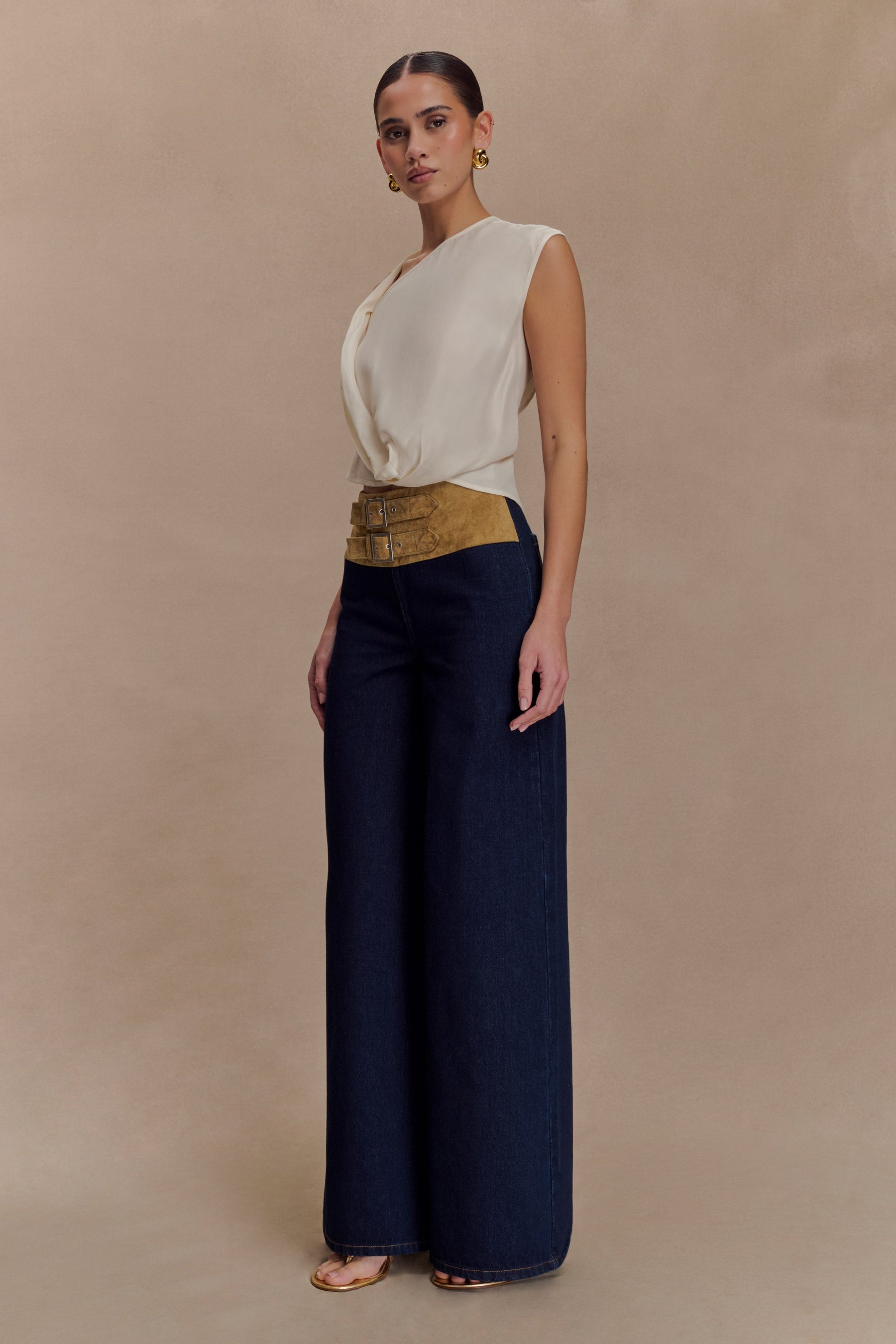 Miranda Faux Suede Belted Denim Wide Leg Pants - Indigo Blue