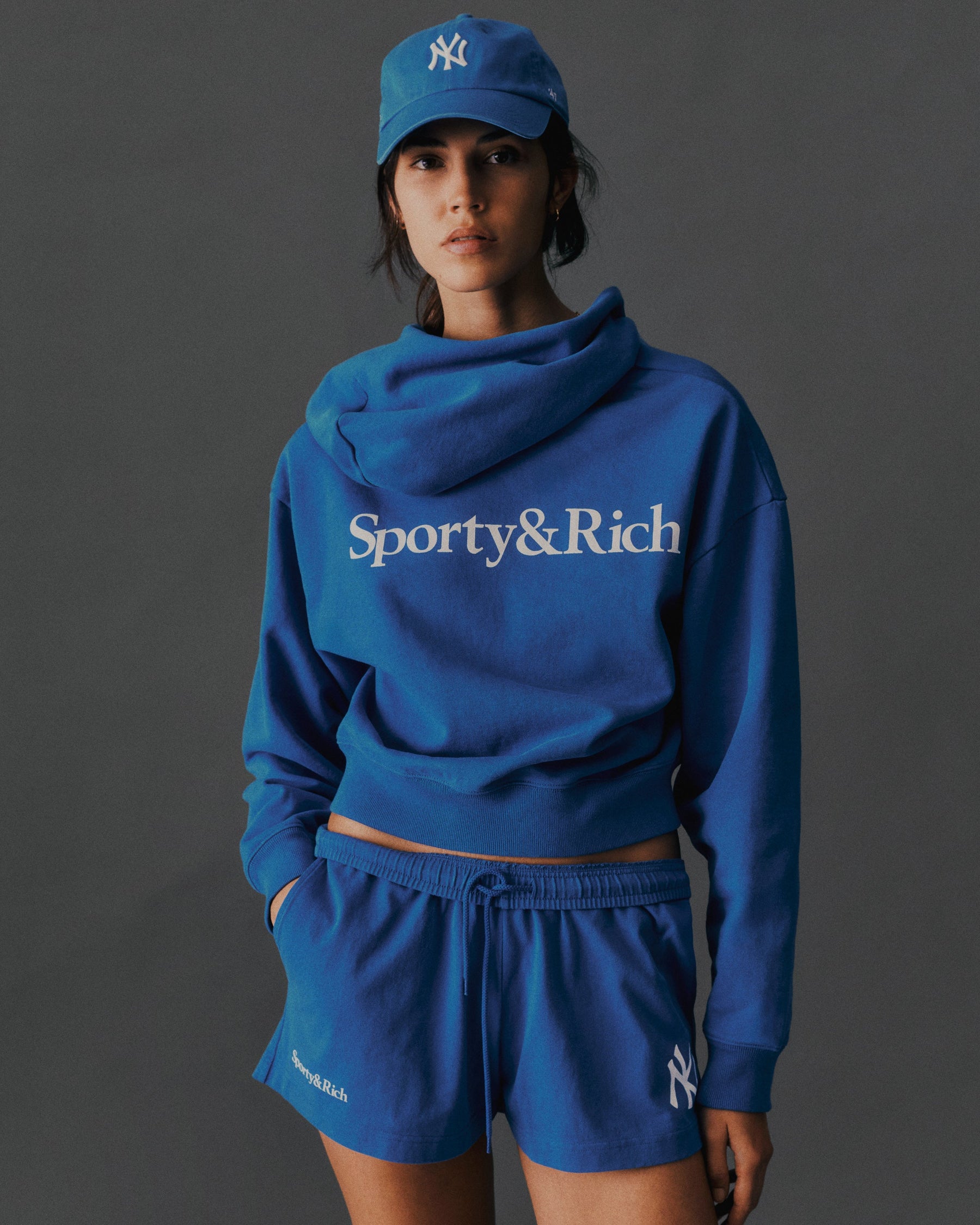 Yankees Serif Cropped Zip Hoodie - Team Blue/White