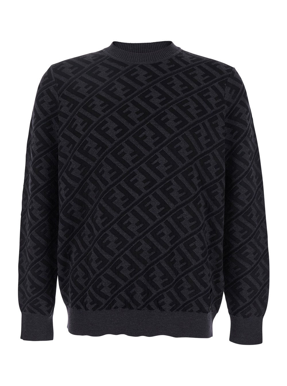 Fendi Grey Crewneck Sweater with All-Over FF Motif in Wool Man
