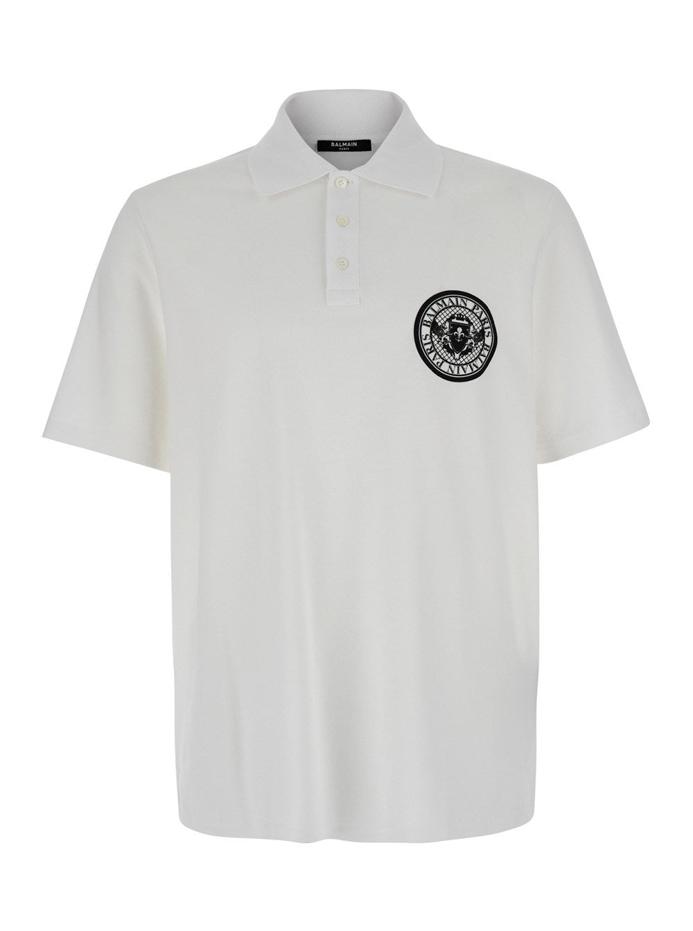 Balmain White Polo Shirt with Collar and Coin Print on the Front in Cotton Man